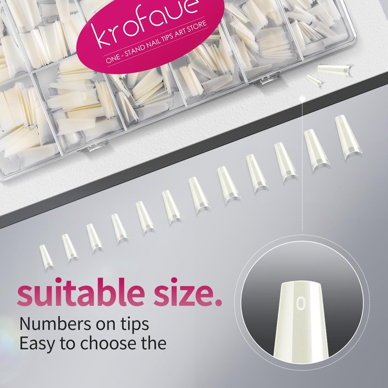 krofaue Natural Acrylic Nail Tips Square - 600PCS Half Cover Coffin False Nails 12 Size with Box for Salon and Home DIY