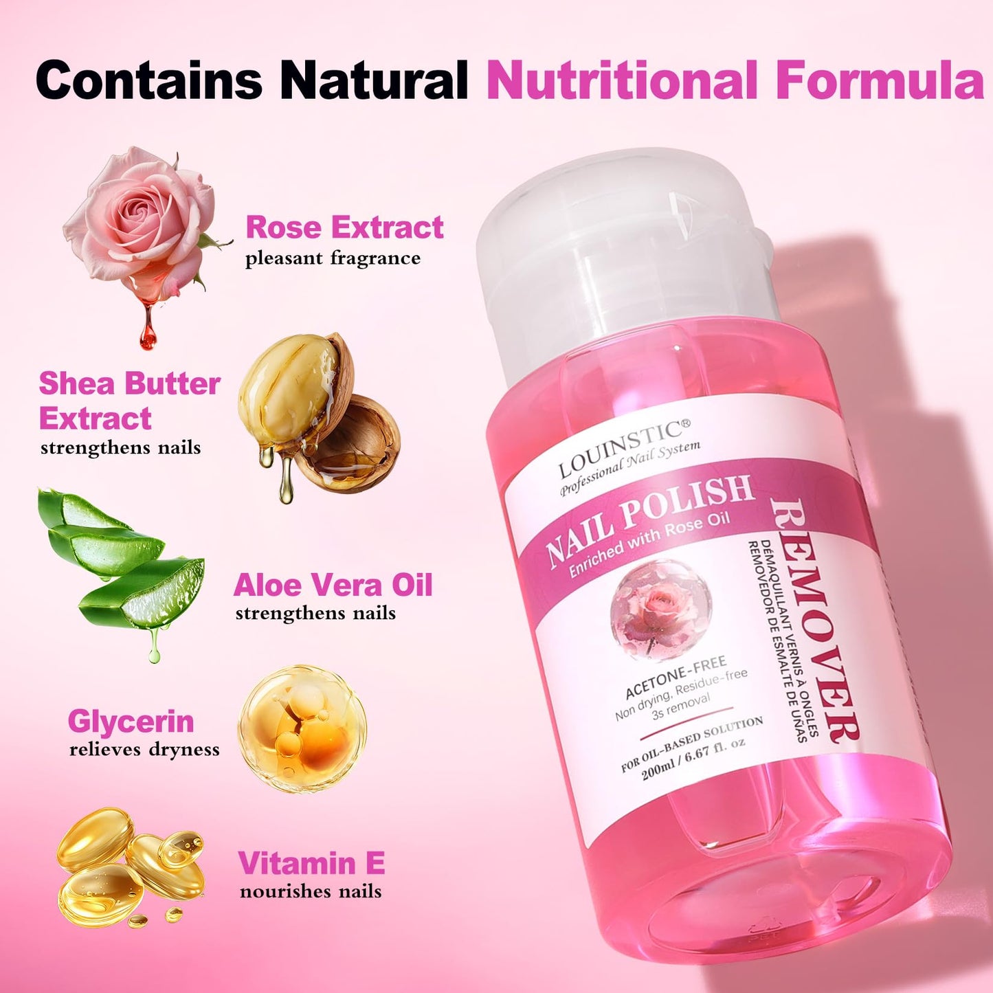 LOUINSTIC Nail Polish Remover – Press Pump, Rose Oil Formula, 6.8 Fl Oz