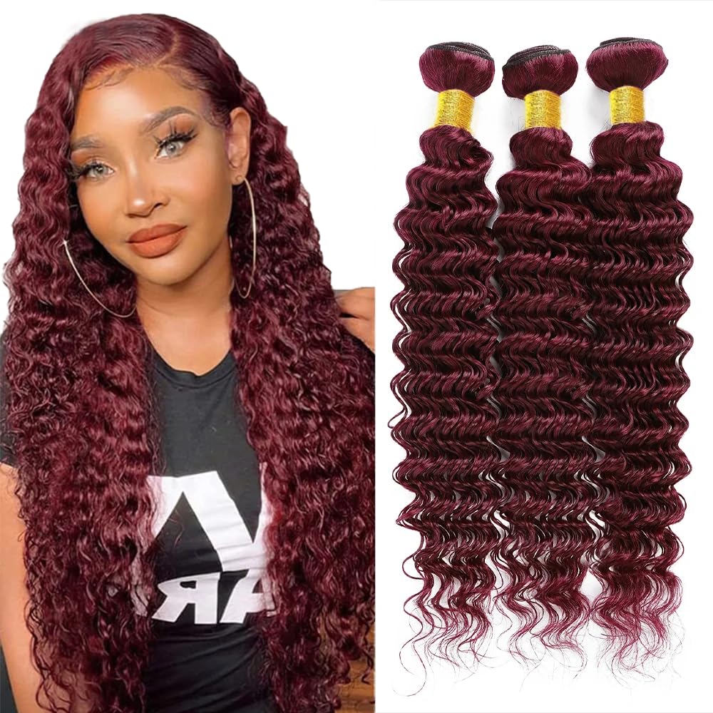 Wine Red Bundles Human Hair Deep Wave Bundles 30 30 30 Inch #99J Burgundy Deep Wave Bundle Unprocessed Brazilian Virgin Weave Hair 3 Bundle 50 Gram Per Bundle
