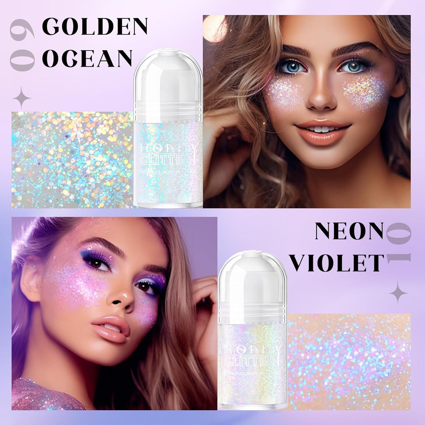 Holographic Glitter Gel - Roll-On Body Shimmer for Face & Hair | 2 Colors: Golden Ocean & Neon Violet