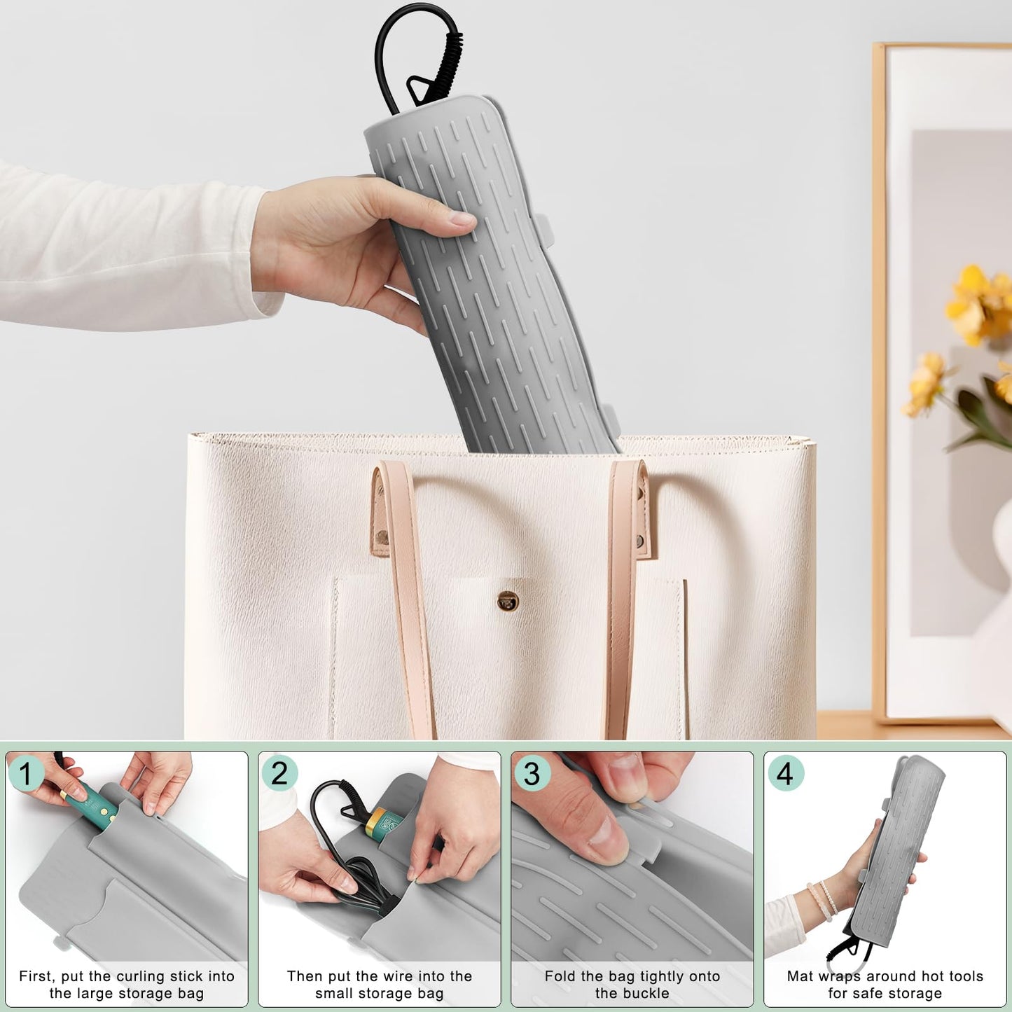 SyuCeia Curling Iron Mat - Heat Resistant Mat for Hair Tools Non-Slip Countertop Protection Pouch Design for Curling & Flat Irons (Grey)