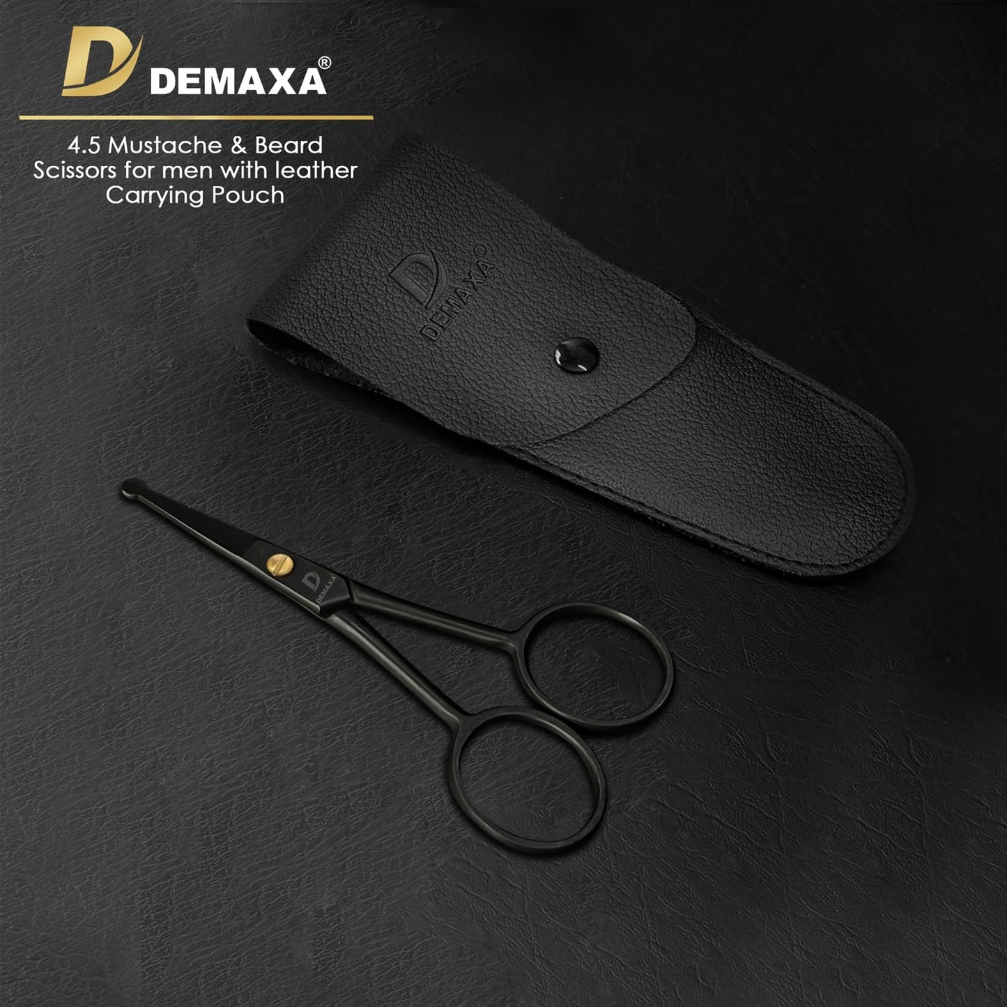 DEMAXA 4.5" Round Tip Safety Mustache Scissors Beard Scissors with 1 Mustache Comb, 1 Beard Comb & Soft Pouch – Best Facial Hair Shears for Beard Mustache Trimming Nose & Ear Hair