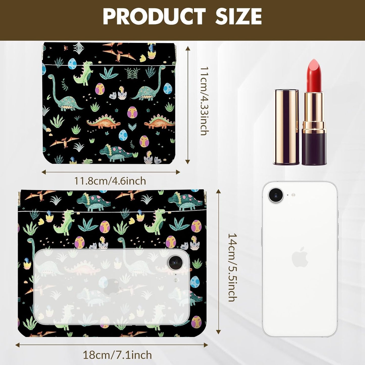 Makeup Bag Set - 2 PCS PU Leather Self-Closing Cosmetic Pouches | Portable Travel Organizer for Women - Dinosaur Design