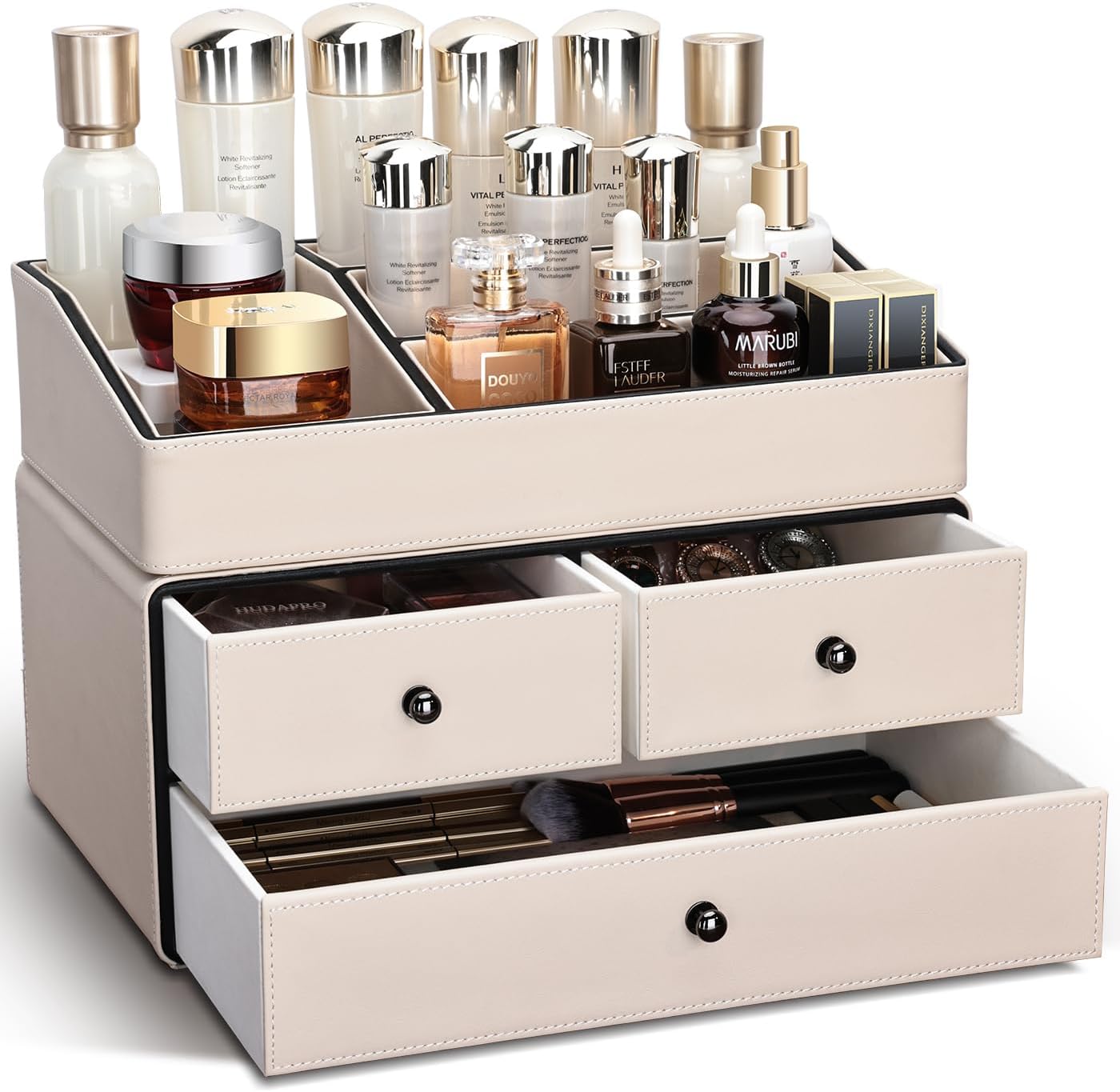 Leather Makeup Organizer - 3 Drawer 2 Tier Cosmetic Storage for Vanity & Bathroom | Beige