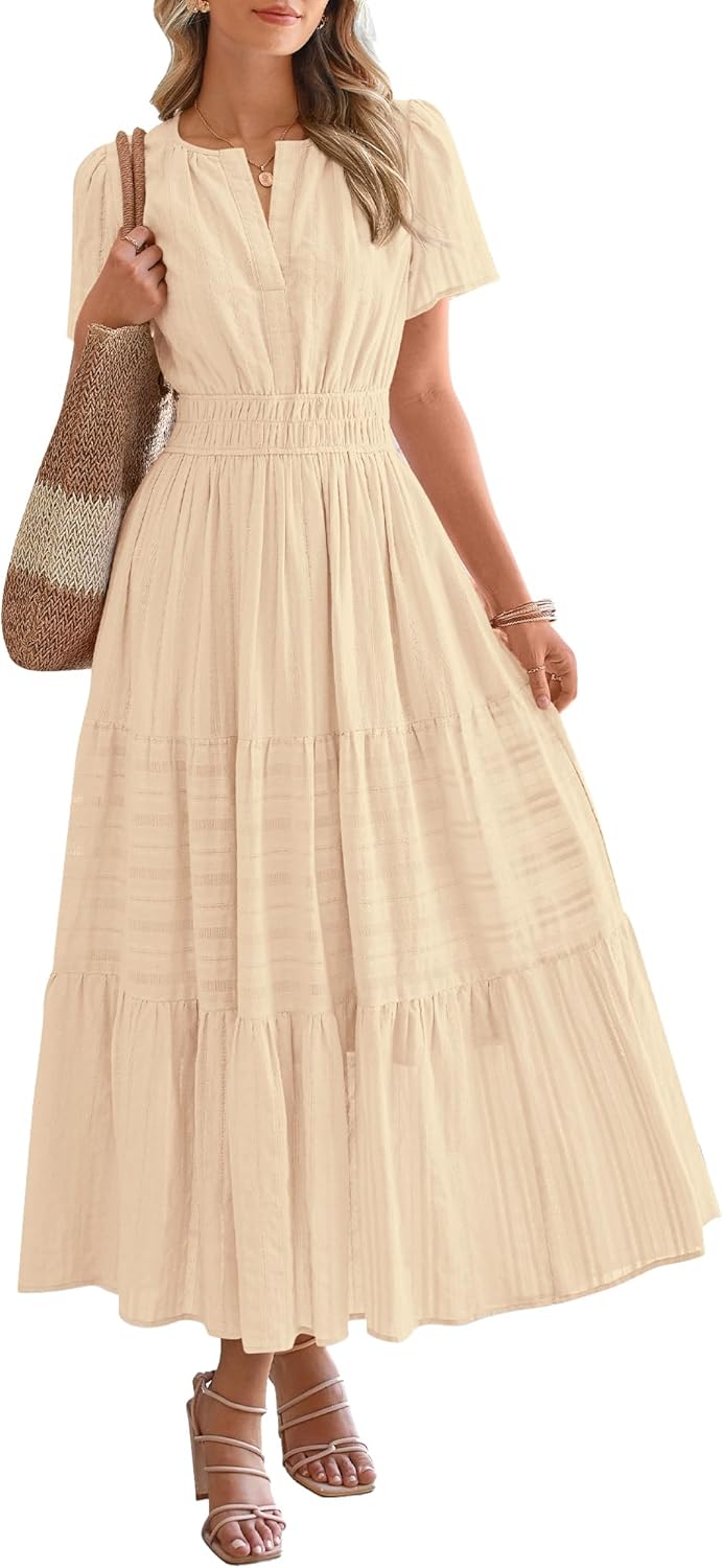 Summer Casual Midi Maxi Dress for Women - Lightweight V Neck, Elastic Waist & Pockets | Boho Beach Style