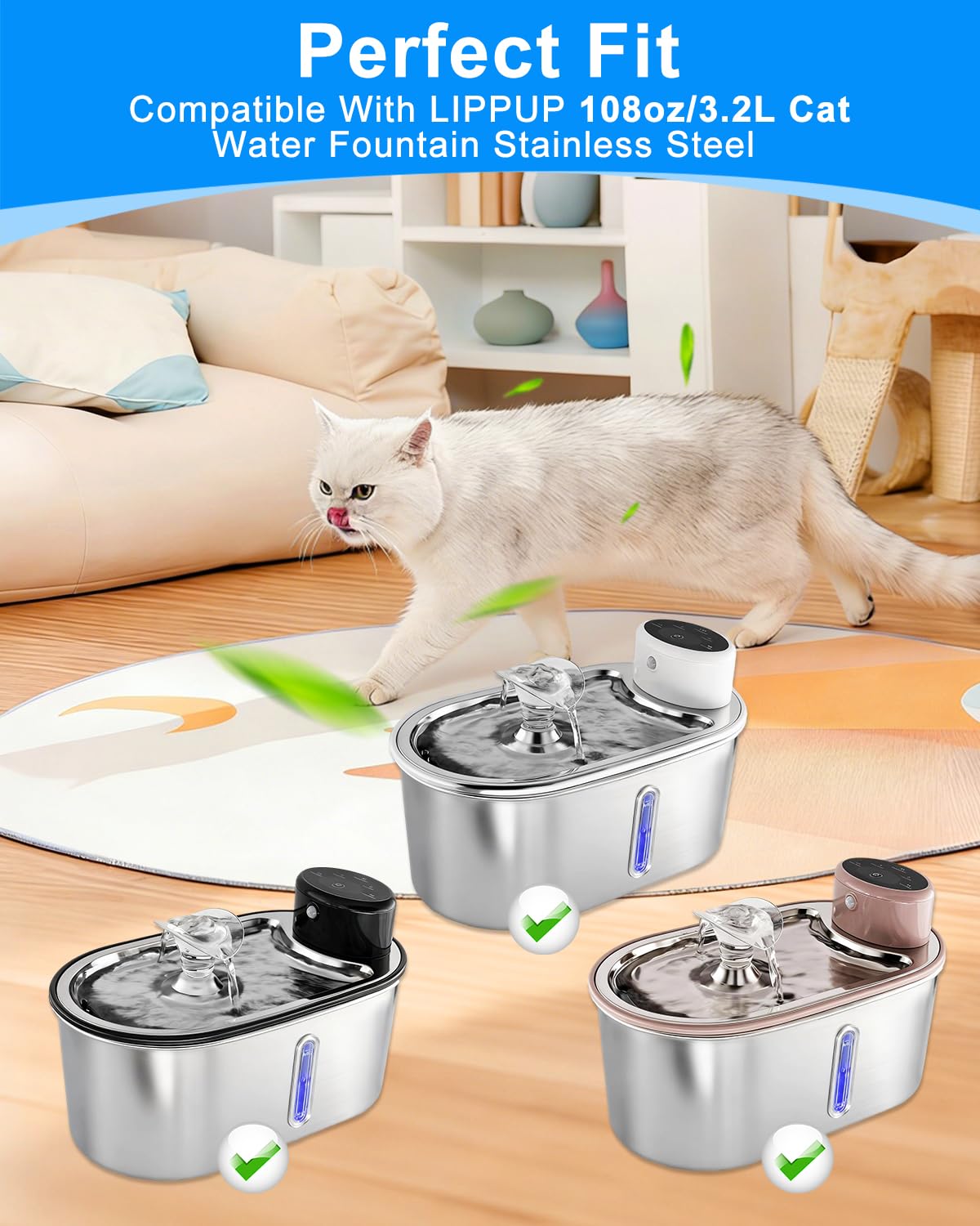 MyfatBOSS 12+12 Pack Cat Water Fountain Filter Compatible with LIPPUP 3.2L Stainless Steel Cat Water Fountain, Replacement Filters for 6 Months, Activated Carbon & Ion Exchange Resin