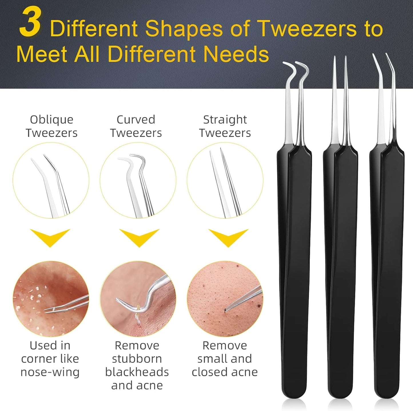 Pimple Popper Tool Kit - 15 PCS Professional Stainless Steel Blackhead Remover Set | Acne Extraction Tools with Metal Case (Black)