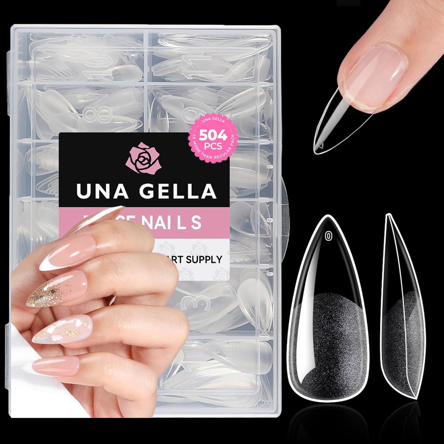 Medium Stiletto Press-On Nails - 504 Pcs Clear Gel Nail Tips | Full Cover Pre-Etched Acrylic, 12 Sizes Available