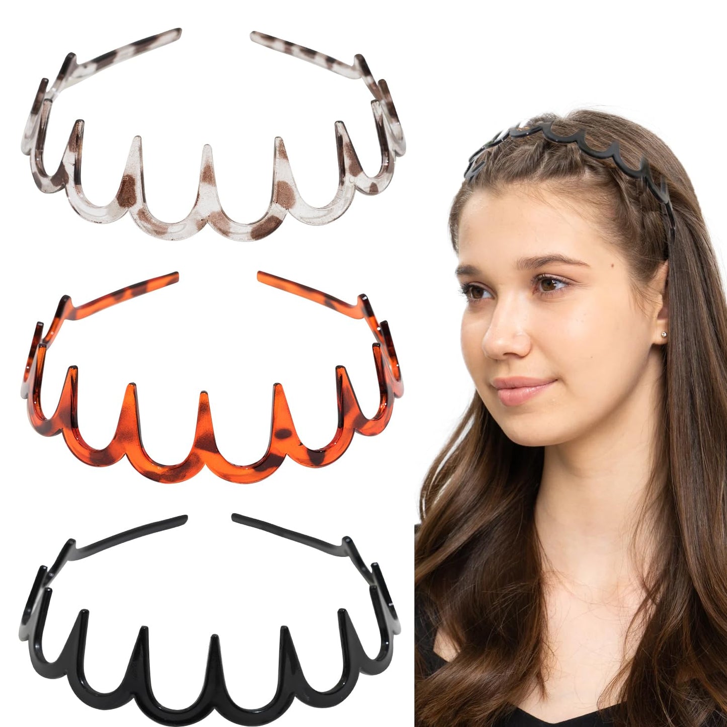 Jeffan Zigzag Headbands for Women, 3 Pack U-Shaped Plastic Headbands - Comb Hoop Wave Teeth Hairband