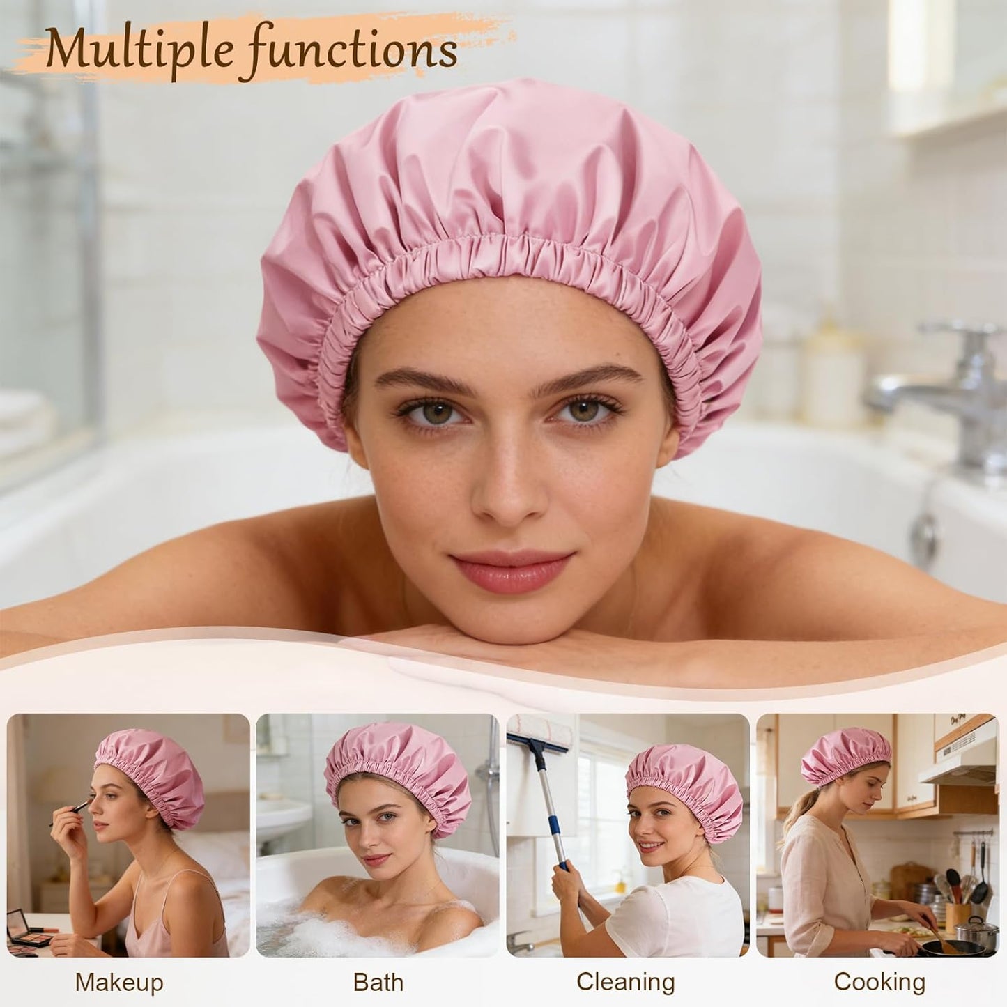 Satin Lined Shower Cap for Women - Reusable Waterproof Hair Protection | Large Washable Pink Cap