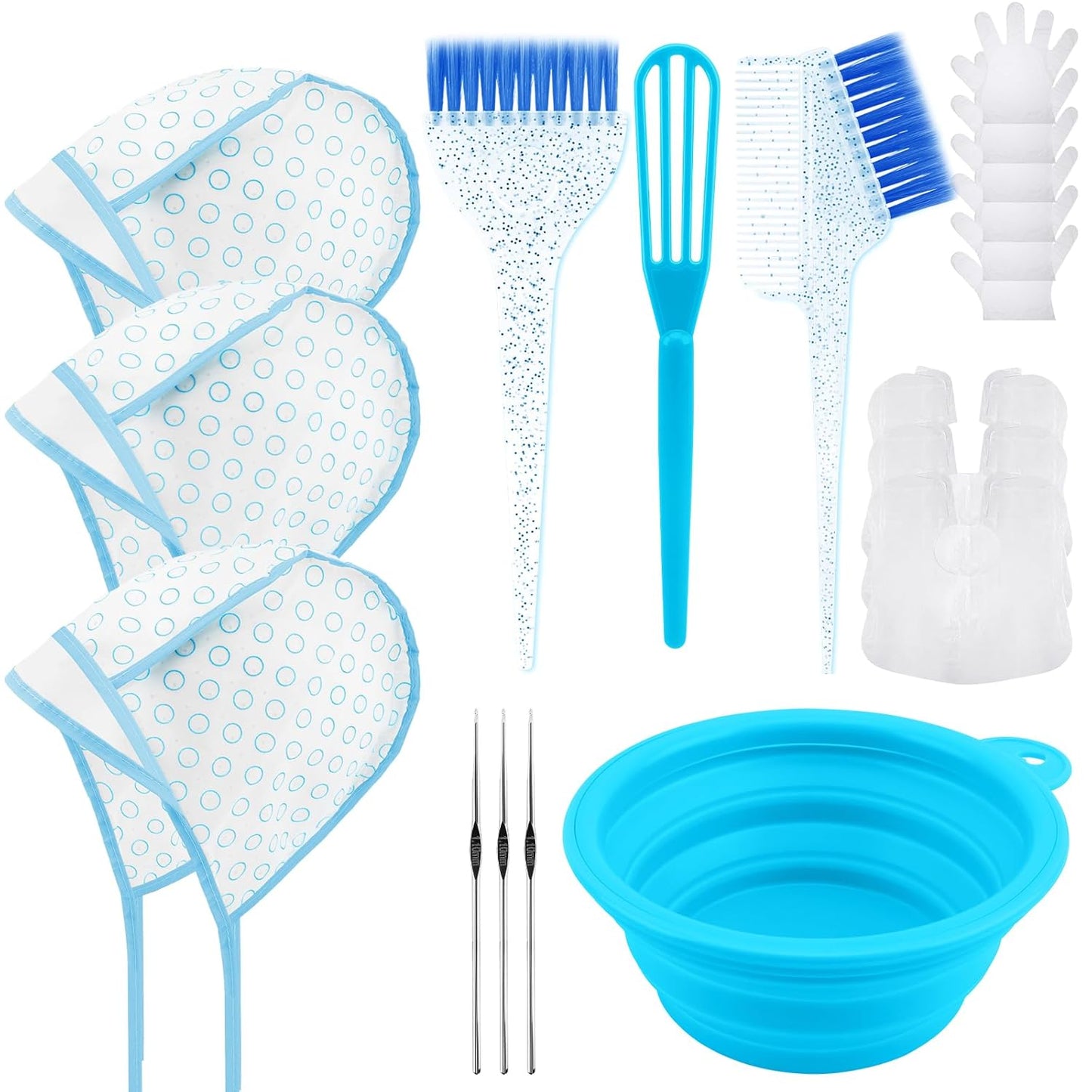 19PCS Hair Bleach Highlighting Kit - Complete Home Salon Set with Dye Brush, Bowl, Gloves & Frosting Cap | Blue