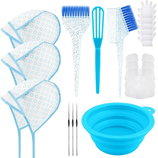 19PCS Hair Bleach Highlighting Kit - Complete Home Salon Set with Dye Brush, Bowl, Gloves & Frosting Cap | Blue