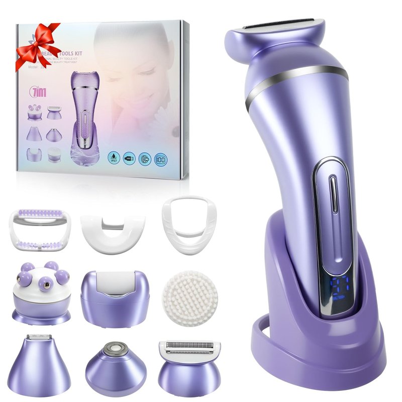 3.0 Women Face Epilator, 7-in-1 Rechargeable Facial Hair Remover with LED Battery Display, Facial Shaver for Face, Eyebrow, Nose Trimmer (Purple)