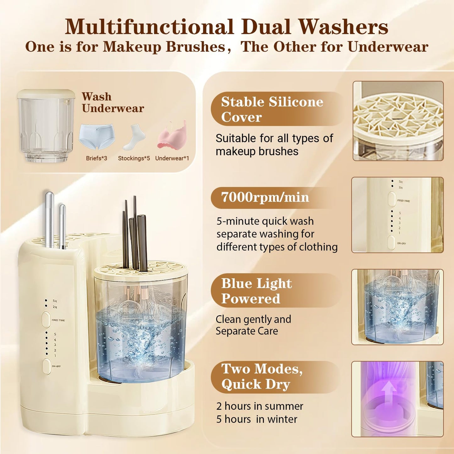 3-in-1 Electric Makeup Brush Cleaner and Dryer Machine with Detachable Underwear Cleaning Cup-Deep Cleaning,2H/5H Adjustable Drying,Fully Washable,for Makeup Brushes,Sponges and Delicate Clothing