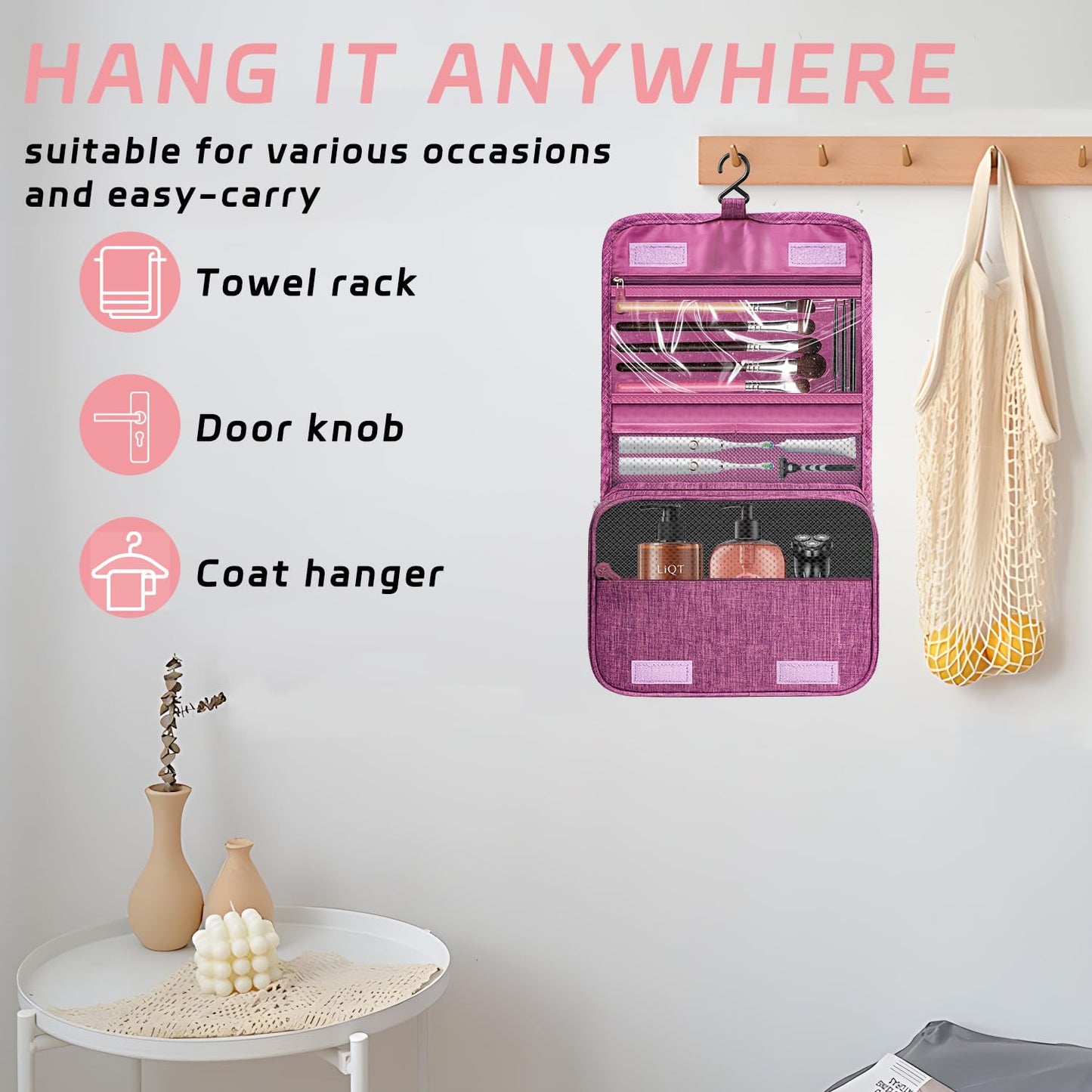YEMEDA Toiletry Bag Travel Bag with Hanging Hook, Waterproof Capacity Hanging Multifunctional Makeup Bag for Toiletries, Portable Cosmetic Bag Travel Organizer for Women and Men(Purple)