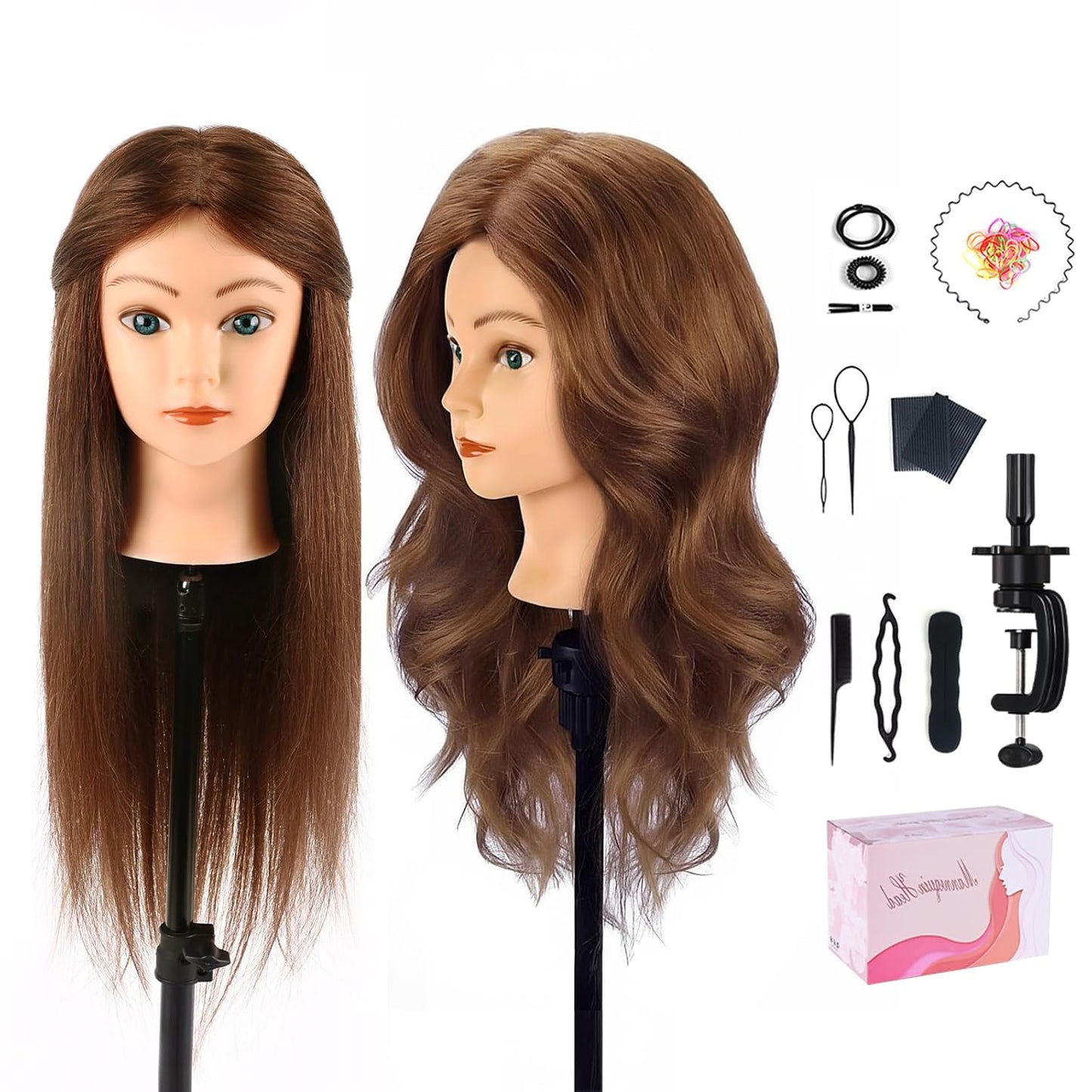 Human Hair Mannequin Head - 18'' Realistic Cosmetology Training Doll with Clamp & Tools | Dark Brown, Blue Eyes
