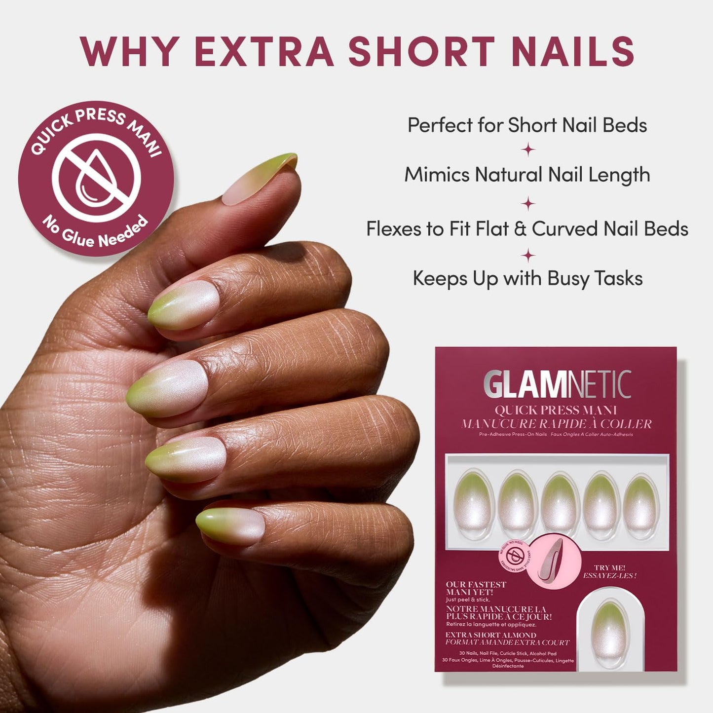 Glamnetic Quick Press Mani - Peel and Stick Almond Extra Short Nails | Mess-Free Salon Quality | 30 Nail Kit in 15 Sizes