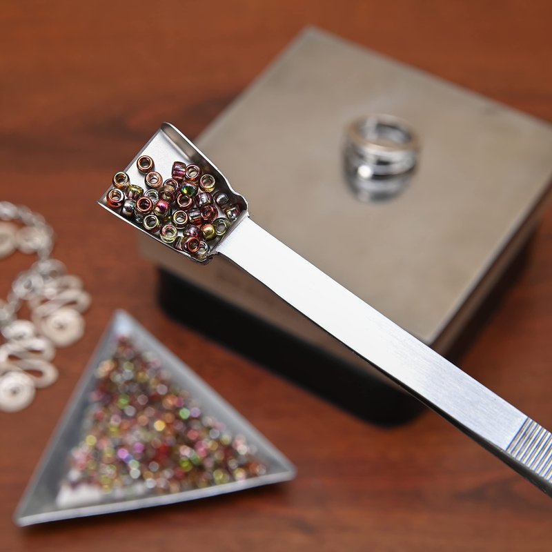 The Beadsmith Tweezers with Shovel - 7 inches long, 1.4mm serrated tip - Shovel for picking up small pieces - Stainless Steel - Precision Tool for Crafting and Jewelry Making