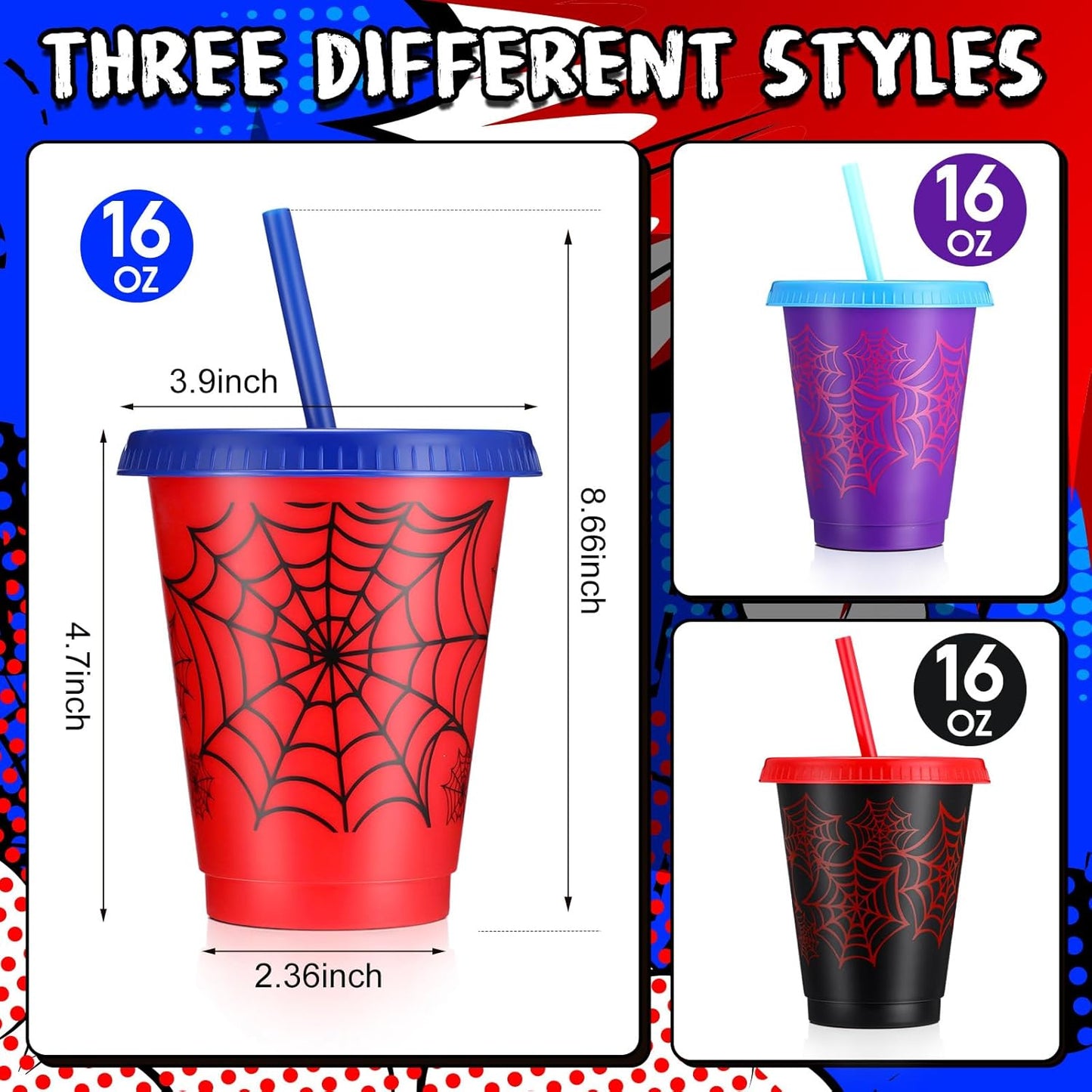 Spider Cups - 12 Pcs 16 oz Plastic Birthday Party Cups with Lids & Straws | Fun Spider Designs for Party Favors