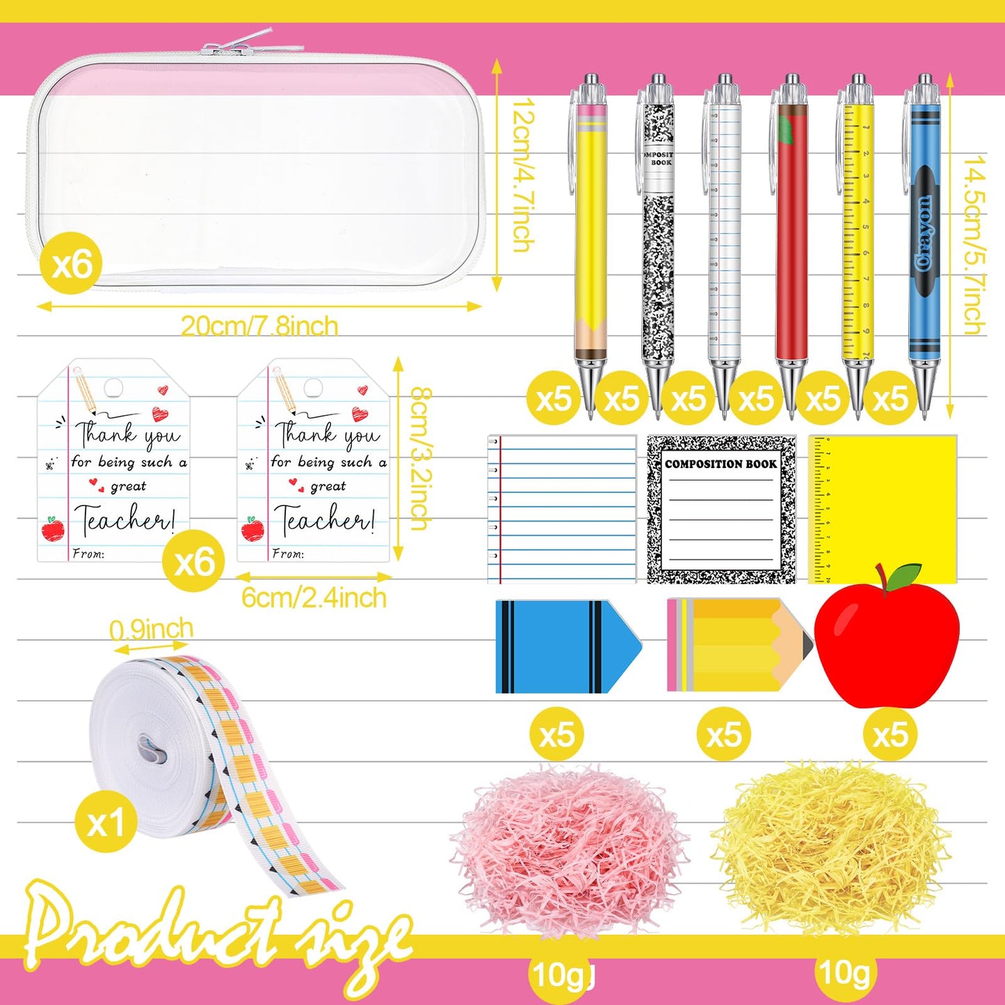 Landhoow 6 Sets/75 Pcs Back to School Teacher Gifts Bulk Set Clear Hard Case Zipper Pouch Pastel Ballpoint Pen & Sticky Notes Blue and Yellow Raffia Adorable Printed Pencil Ribbons with Thank You Card