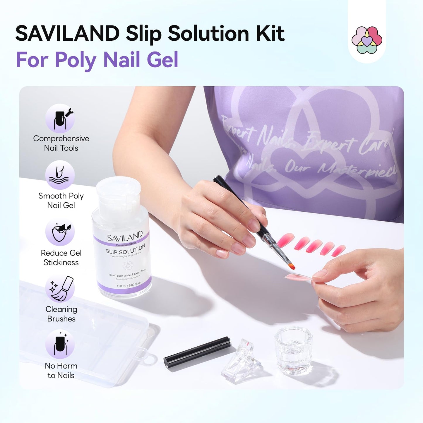 SAVILAND Slip Solution Kit for Poly Gel: 5.07fl.oz Large Anti-Stick Gel Liquid for Poly Gel, All-In-1 Nail Kit with Dual-Ended Nail Brush Dual Forms Dappen Dish for Beginners Nail Art Extension DIY