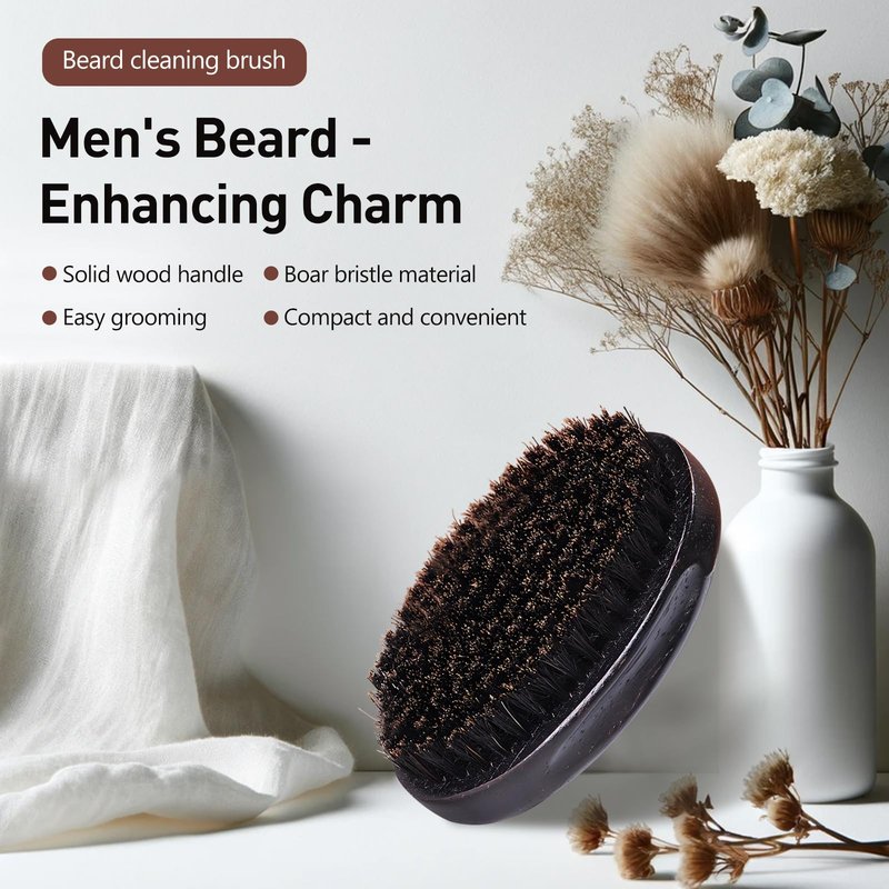 Men's Boar Bristle Beard Brush with Wooden Handle - Pocket Size for Mustache and Beard Grooming (Black)