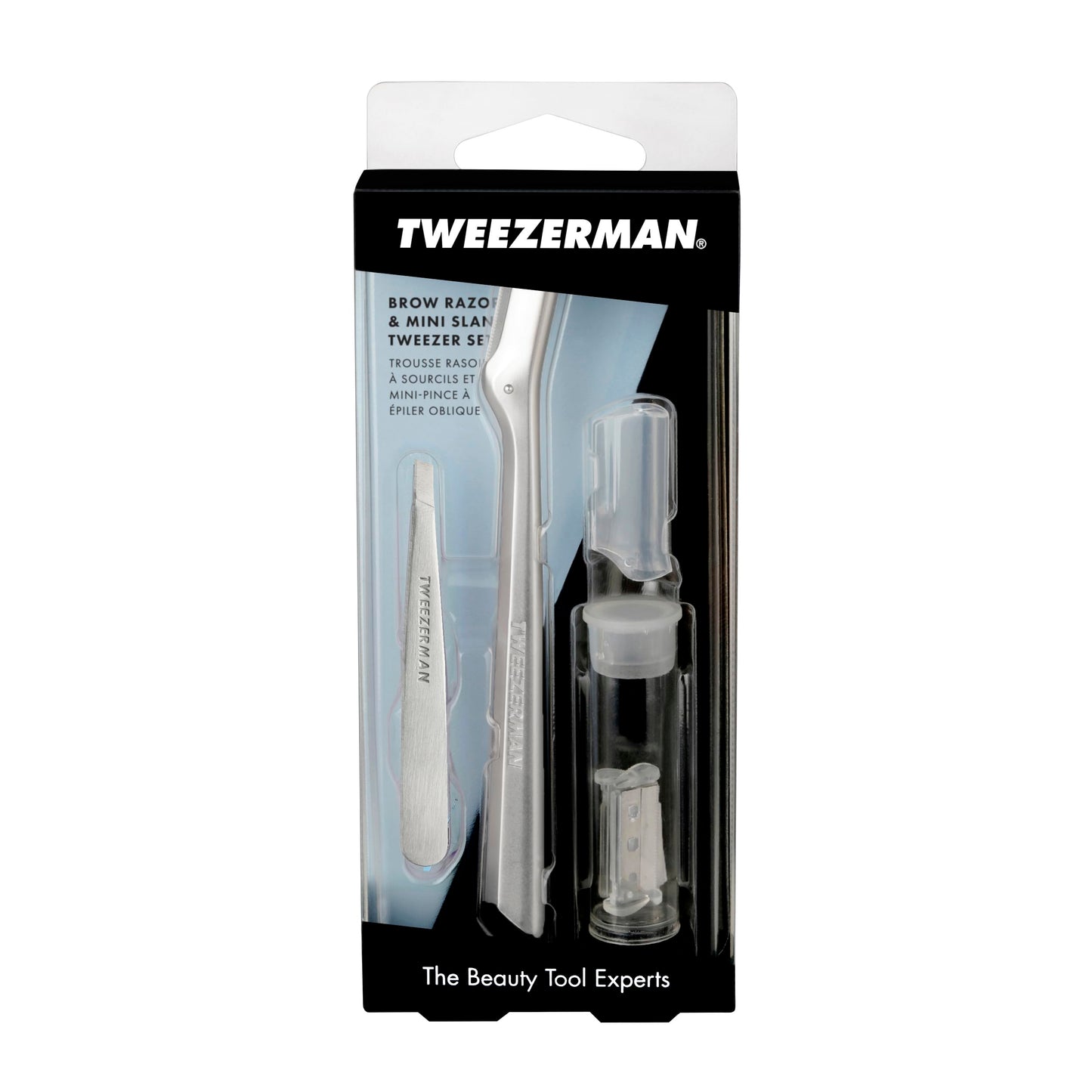 Tweezerman Eyebrow Razor and Mini Tweezer Set with 3 Replacement Blades and Safety Cap (Stainless Steel)