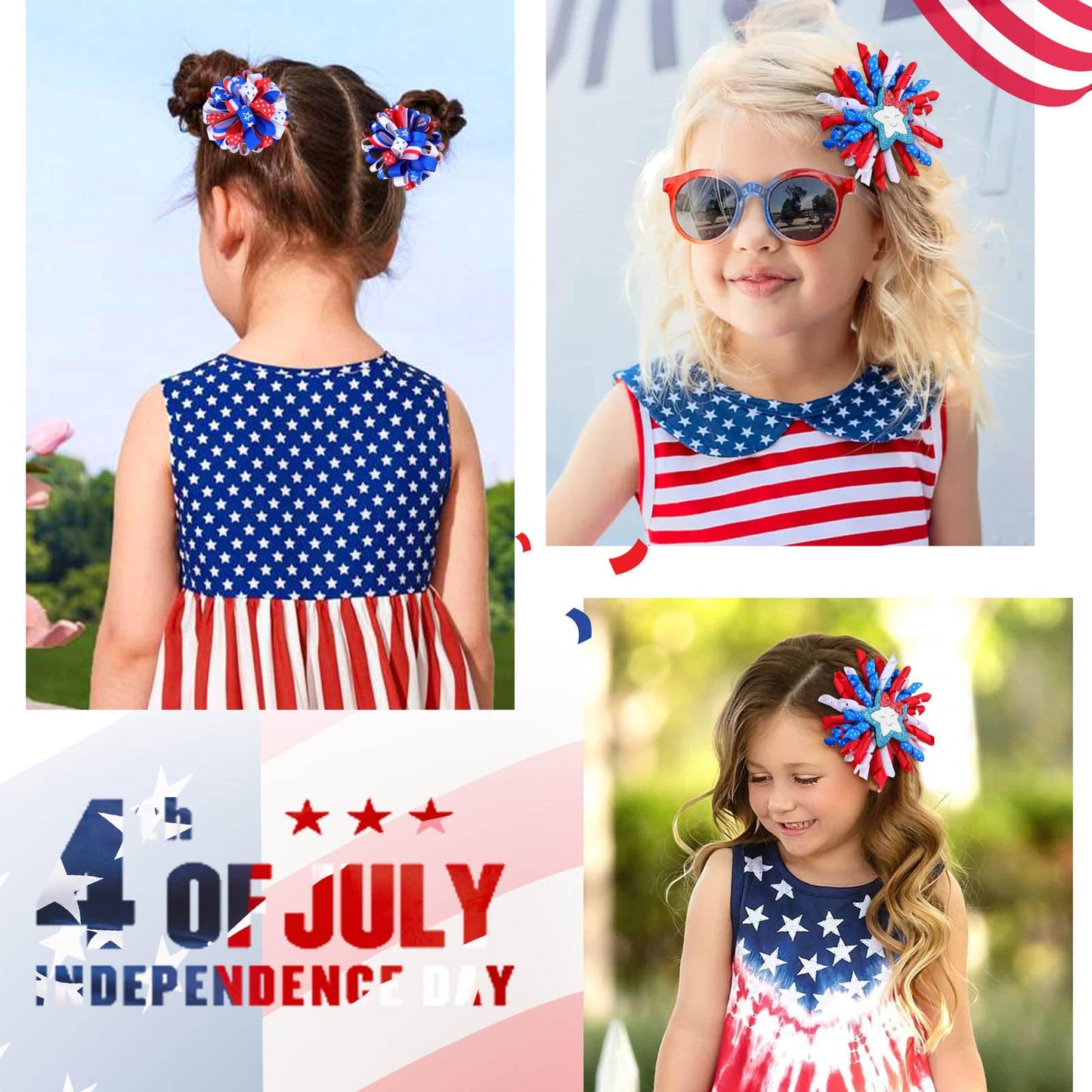 OAOLEER 4th of July American Flag Hair Bow Clips, Blue White Red Grosgrain Ribbon Alligator Bow, Kids Girls Women Hair Accessories For Party Supplies (Blue White Red-B)