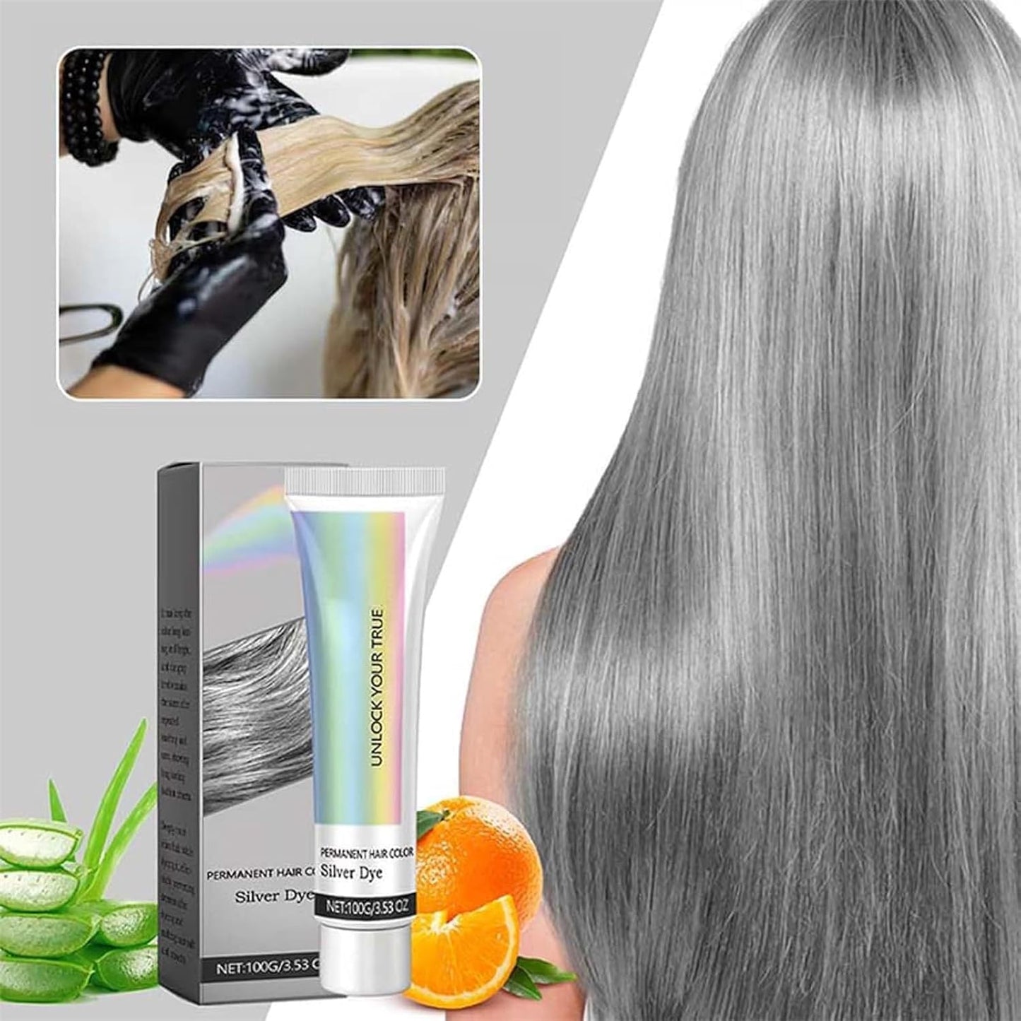 Silver Hair Dye - 2 in 1 Natural Essence Extract for Metallic Gray Color | Permanent Cream for Men & Women