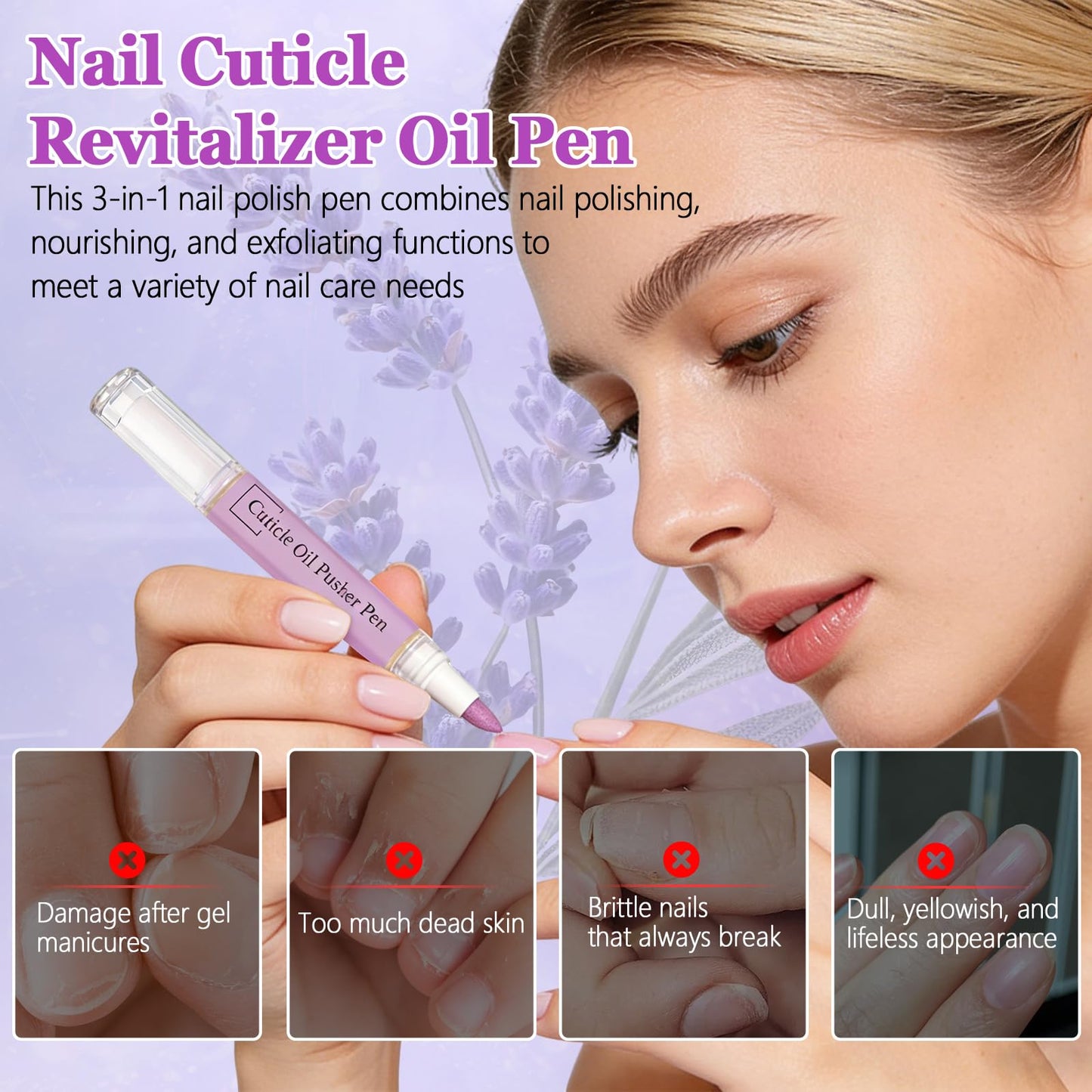 2PCS 2-in-1 Ceramic Cuticle Oil Pusher Pen, Cuticle Oil Pusher Pen, Nail Care Buffer Pens, Moisturizing Nail Care, for Dry & Damaged Nails, Hangnails, Moisturize Strengthen Brighten