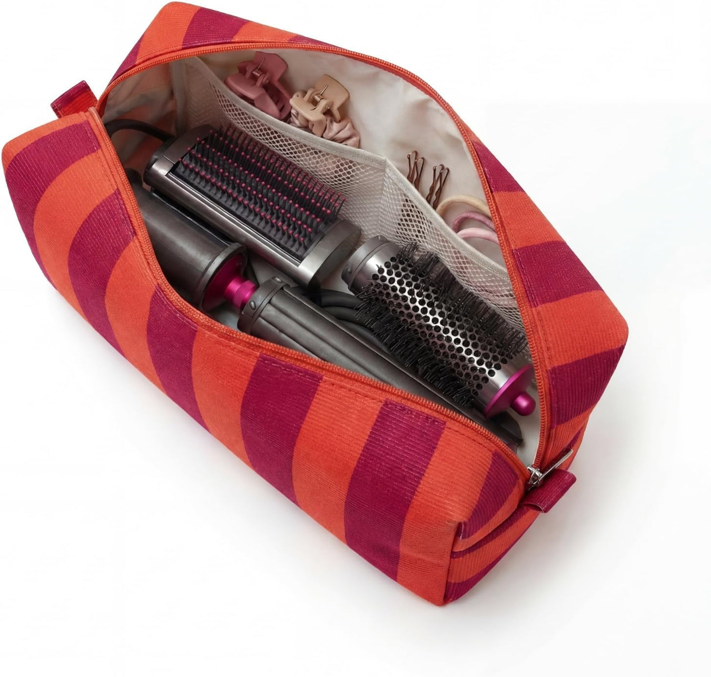 Striped Hair Tools Travel Bag - Corduroy Organizer for Hair Dryer & Flat Iron | Aesthetic Foldable Design (Red & Orange)