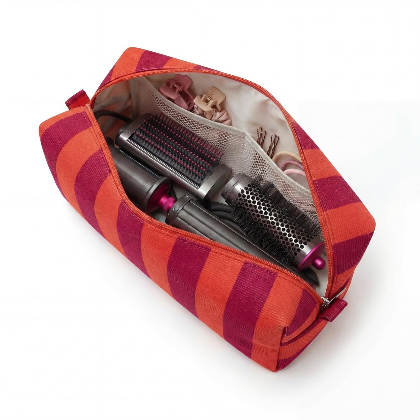 RSRSLEII Striped Hair Tools Travel Bag，Corduroy Hair Dryer Bag, Flat Iron Curling Iron Bag, Aesthetic Foldable Travel Organizer (02Red&Orange)