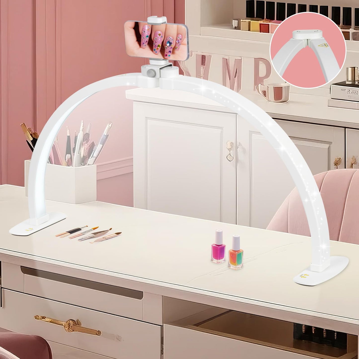 HITTI 29in Half Moon Light for Nail Desk, Foldable, 3 Color Modes & 10 Brightness, Phone Stand, Arch LED Nail Tech Table Lamp for Manicure Salon, Handicraft, Art, Eyelash Extension - White