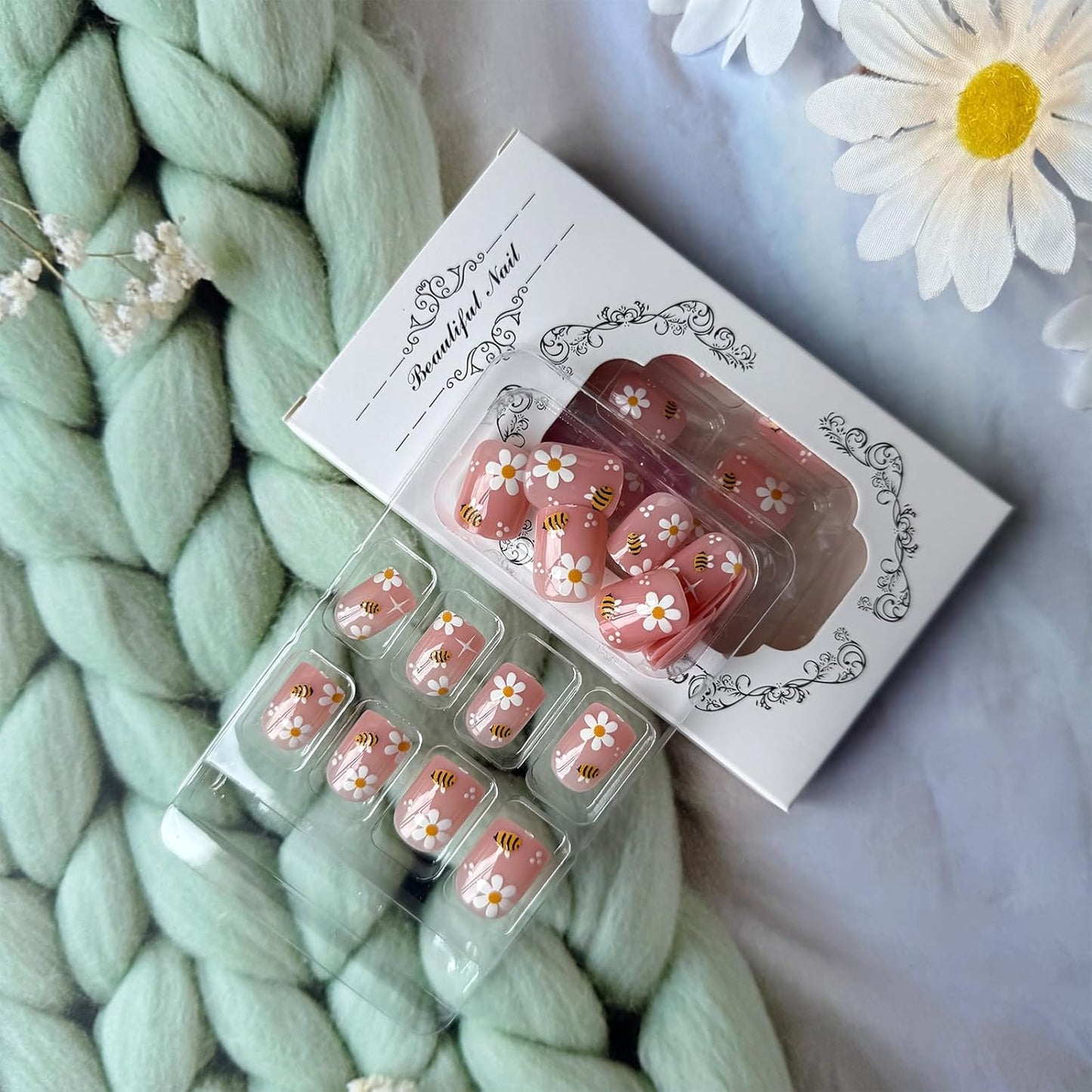 Press On Nails - Short Square Floral Design | 24 Pcs Glossy Bee & Flower Patterns for Spring & Summer