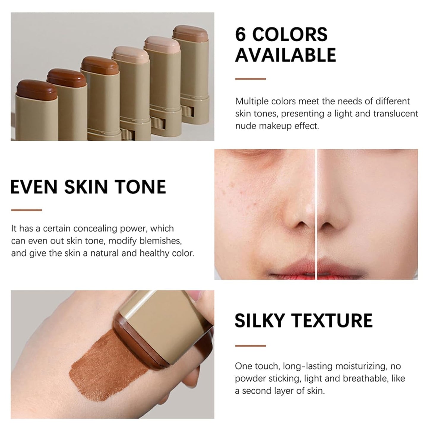 Foundation Stick - Serum-Infused Beauty Balm for Flawless Skin | Longwear Tinted Moisturizer in Natural Finish (#02, #03, #06)