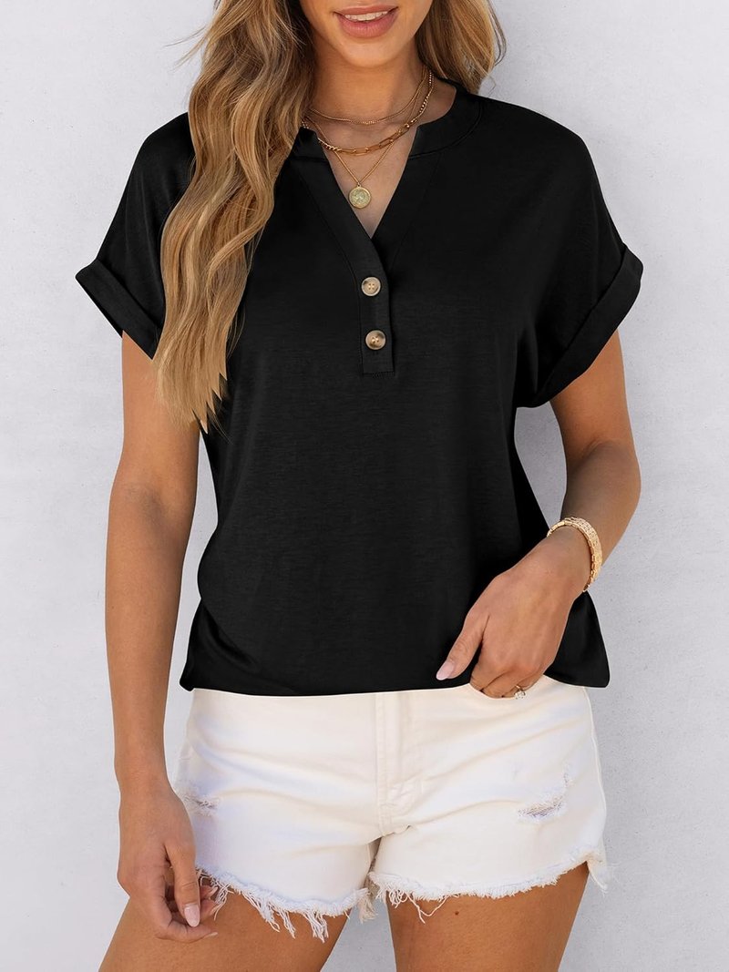 Womens Short Sleeve Henley Tops - Casual V Neck Blouses for Summer | Trendy Vacation Fashion