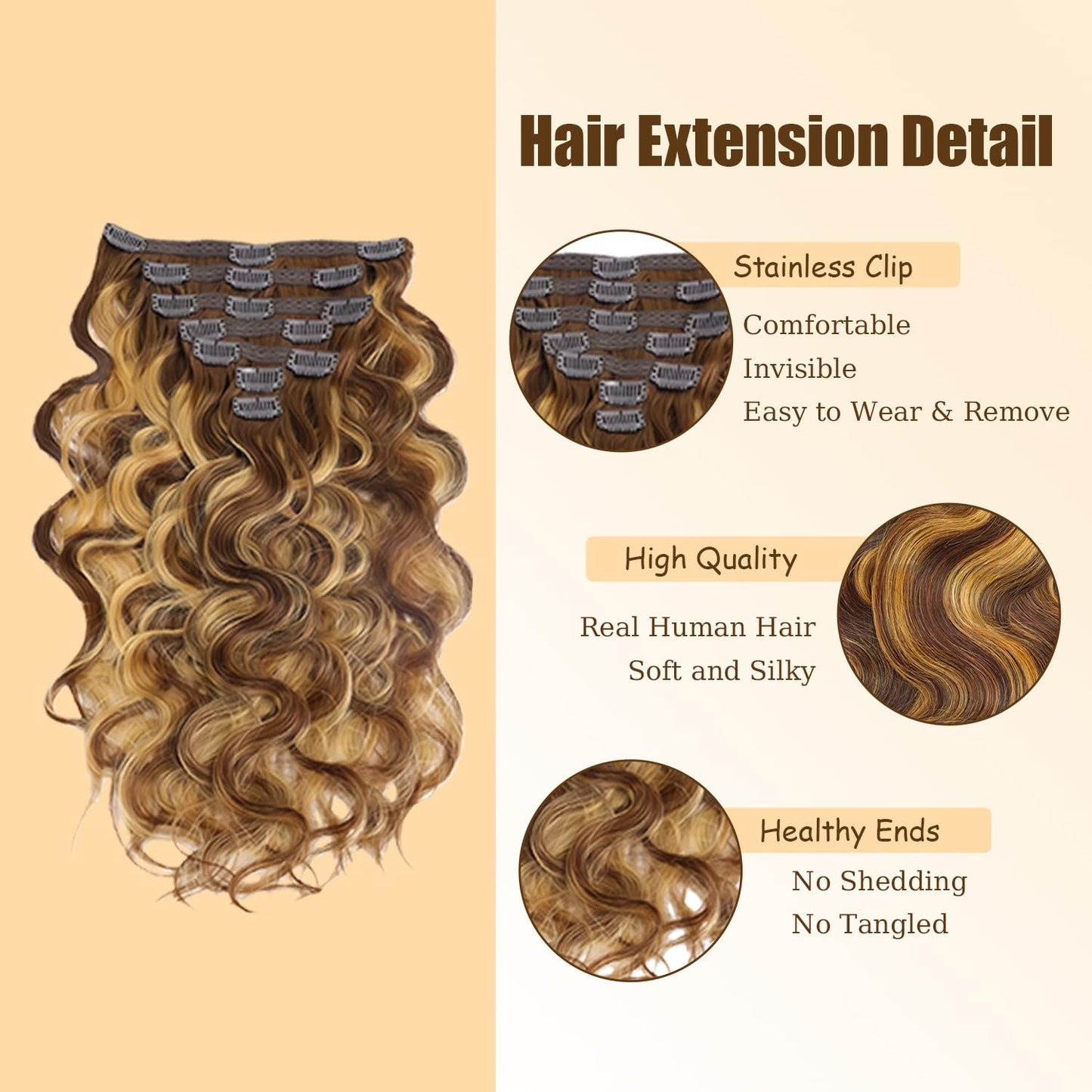 P427 Blonde Clip in Hair Extensions Real Human Hair, 14 Inch 120g/7Pcs,Full Shine Remy Human Hair,Highlight Brown Body Wave Clip ins Brazilian Virgin Human Hair Extensions