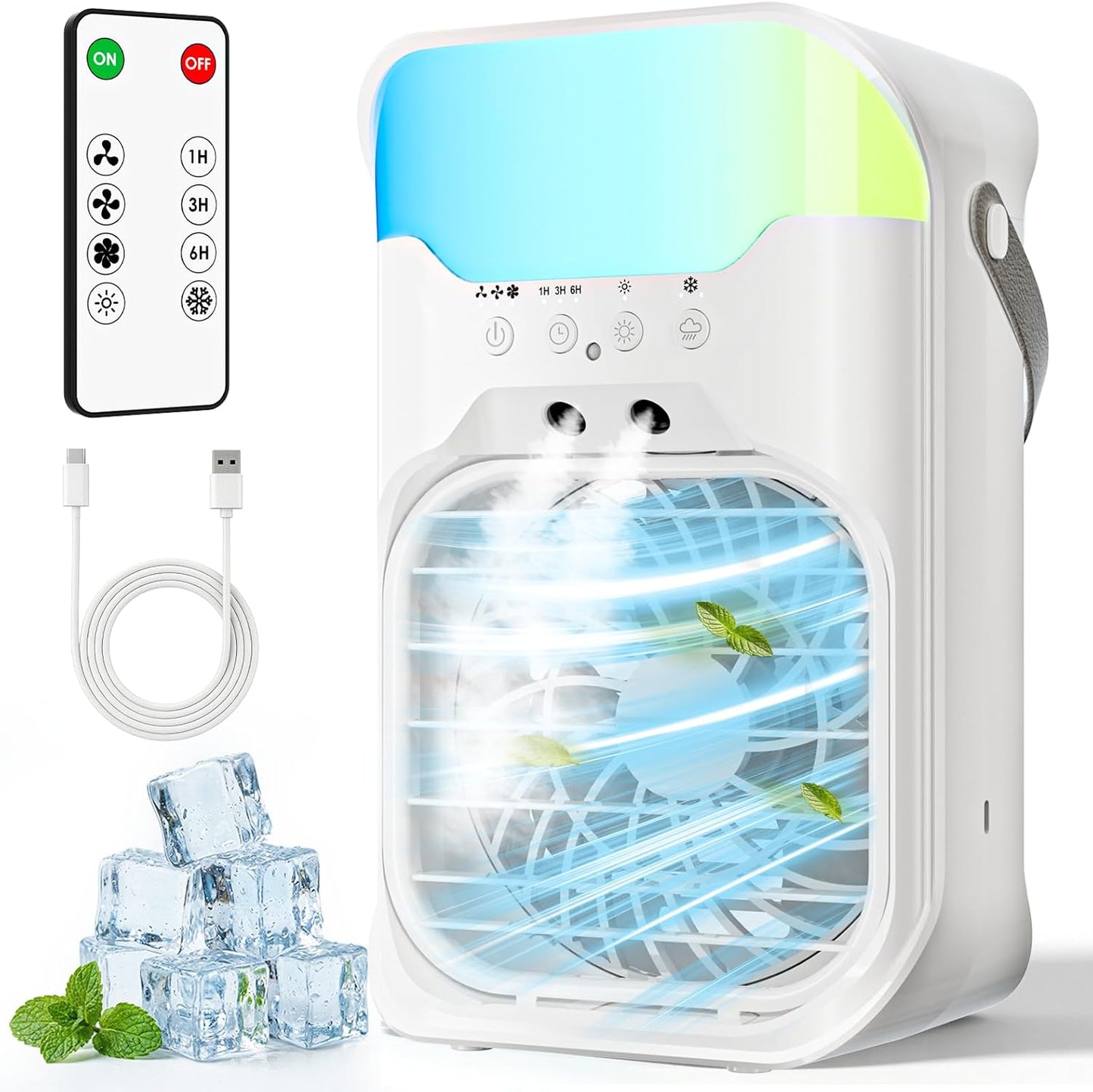 Portable Air Conditioner - 4-in-1 Cooling Unit with 3 Fan Speeds & 1600ML Water Tank | Remote Control & 10 Color Night Light for Home, Office, Outdoor