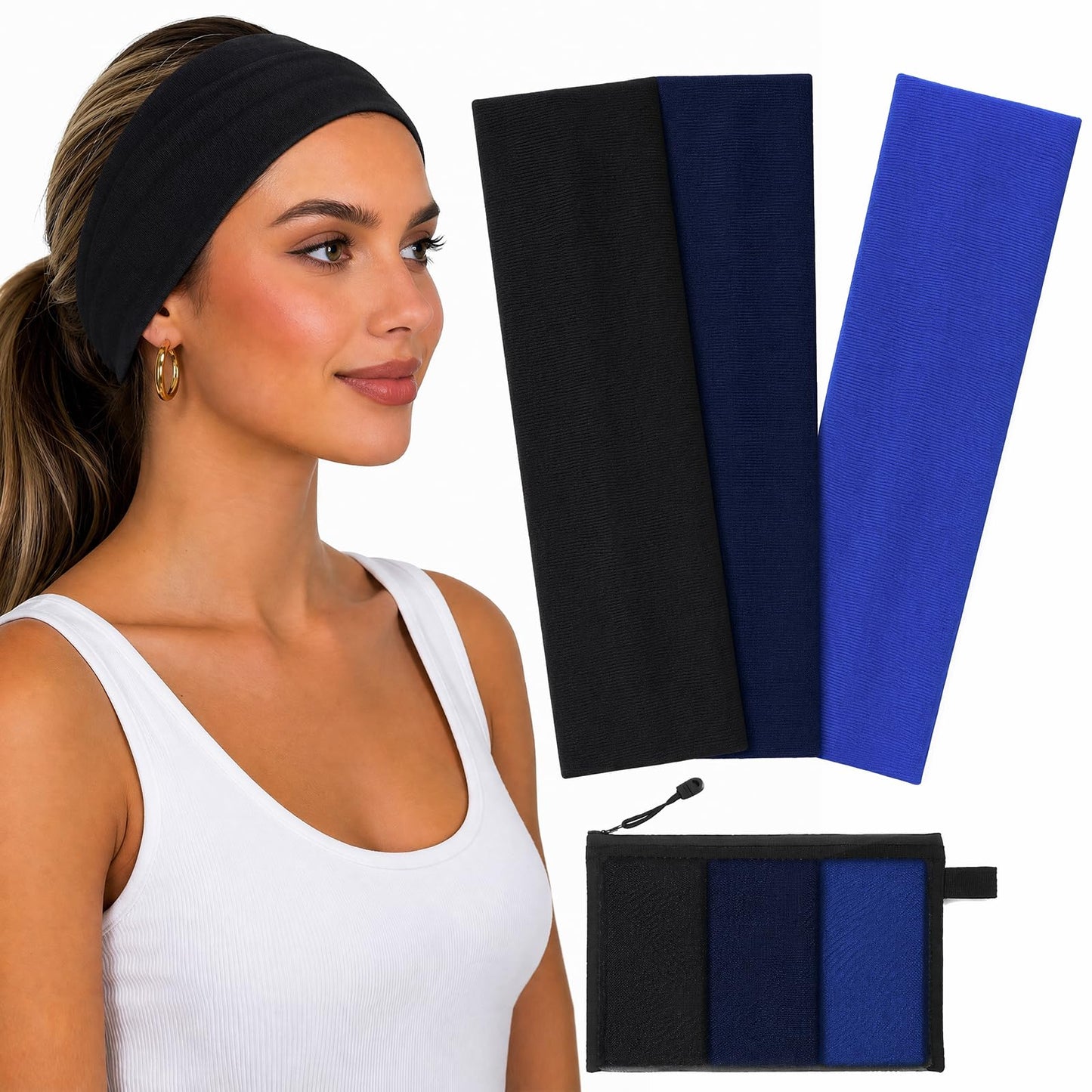 WENNKINN Headbands for Women Non Slip, Soft Elastic Cloth Hairband for Workout Gym Running Sports, Sweat Wicking Wide Headband, 3 Pack with Bag (Black, Navy Blue, and deep Blue)