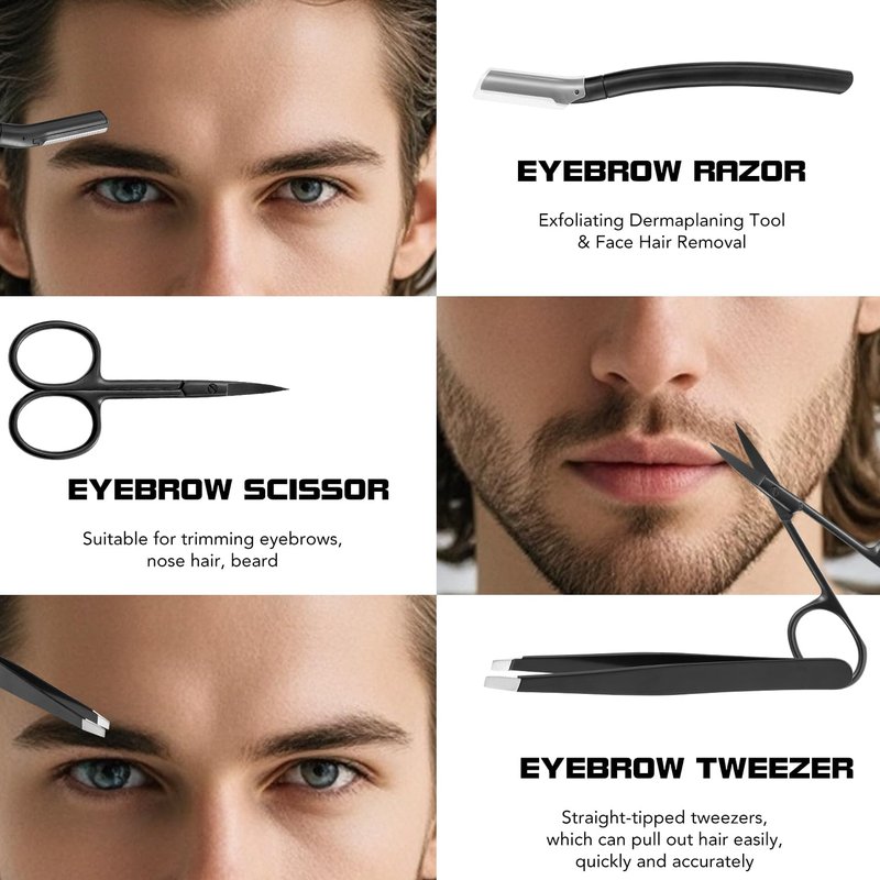 3-in-1 Multipurpose Eyebrow Grooming Set, Japanese Blades Precision Eyebrow Razors W/Tweezer & Trimmer Scissor, Eyebrow Set for Men and Women, Travel Case Included