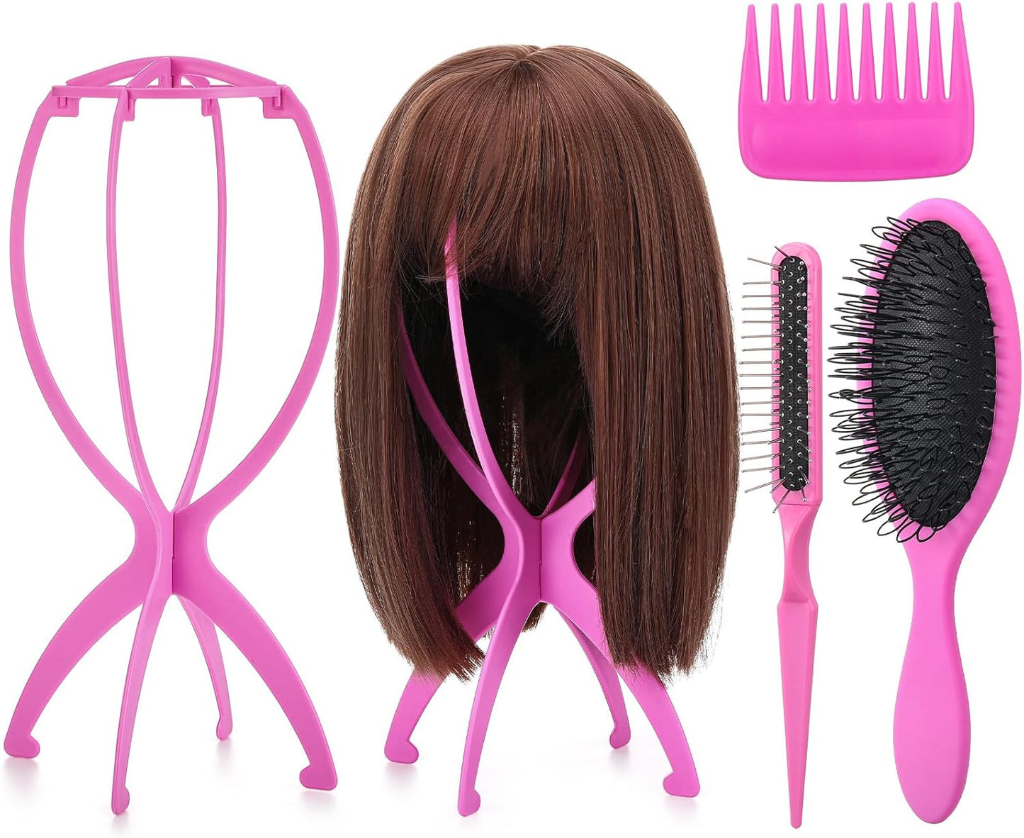 Pink Wig Head Stand Set - 2 Pack with 3 Wig Brushes | Travel Holder for Women’s Wigs