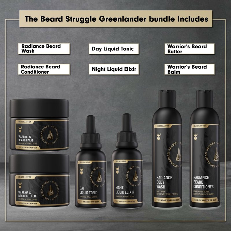 The Beard Struggle Greenlander Bundle Beard Kit - Includes Beard Cream, Beard Balm, Beard Night Oil, Beard Day Oil, Beard Wash & Beard Conditioner - Platinum Collection - Surtr's Fury