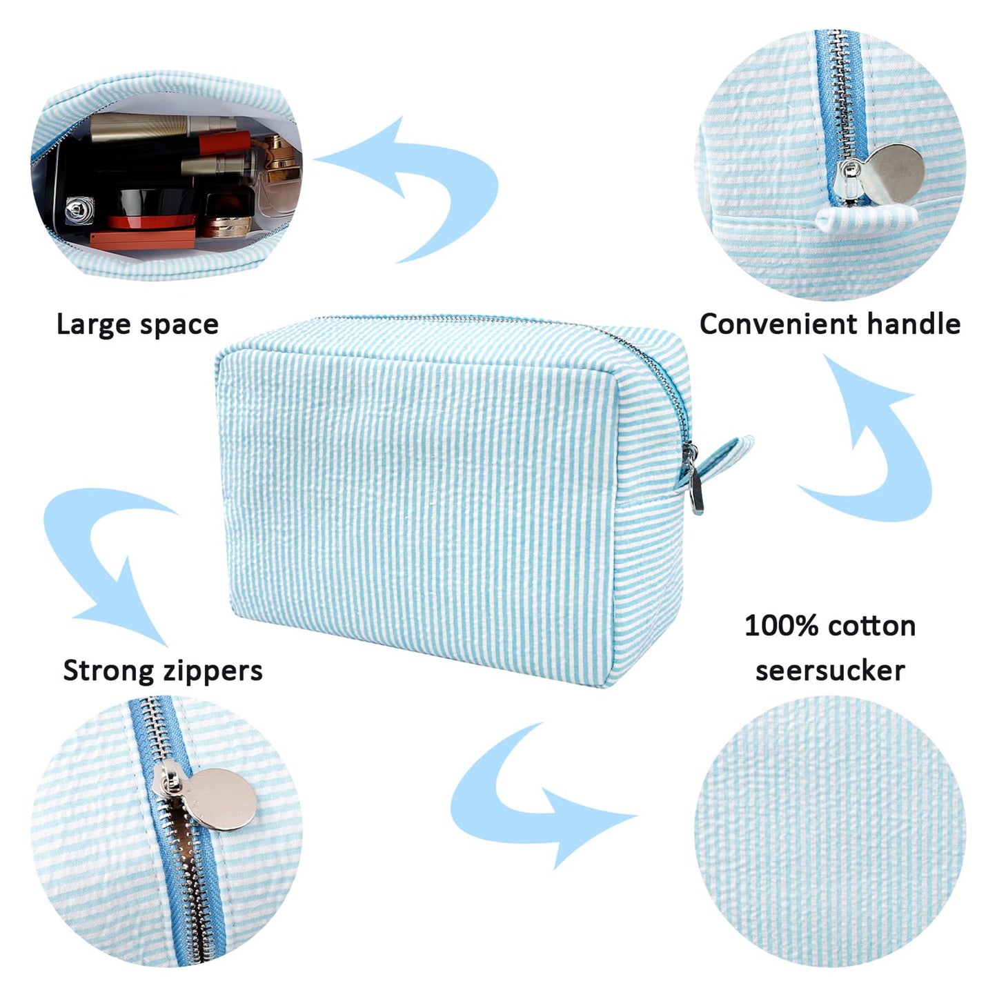 GFU Makeup Bag for Women, Cute Cosmetic Bag, Lightweight Toiletry Make up Bag, Large Seersucker Aesthetic Organizer Storage Pouch for Girls, Women and Moms Gifts, Lightblue