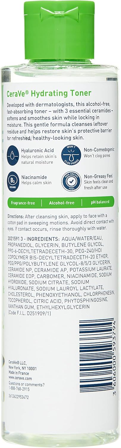 CeraVe Hydrating Toner for Sensitive Dry Skin - Alcohol-Free, Hyaluronic Acid & Niacinamide | 6.8 Fl Oz