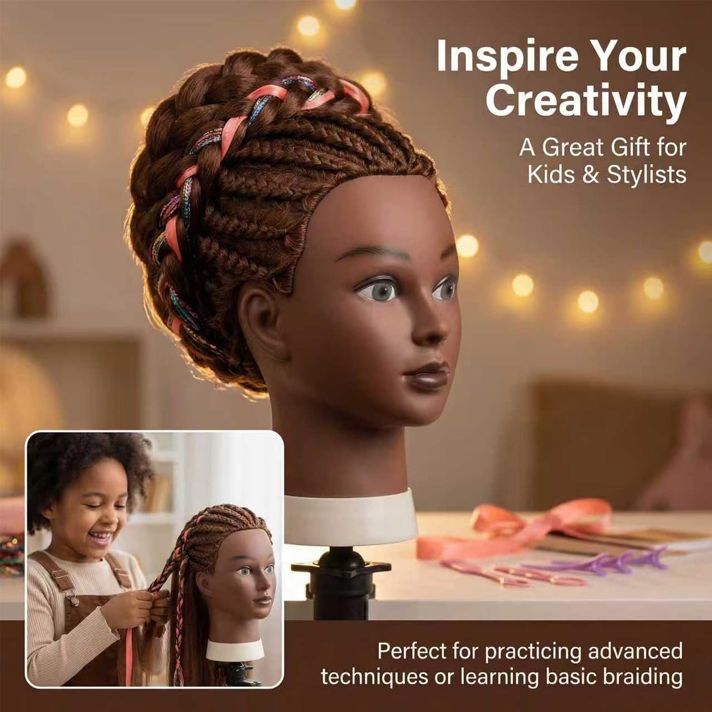 100% Human Hair Mannequin Head - 16 Inch Braiding Practice Doll with Clamp Stand | Brown