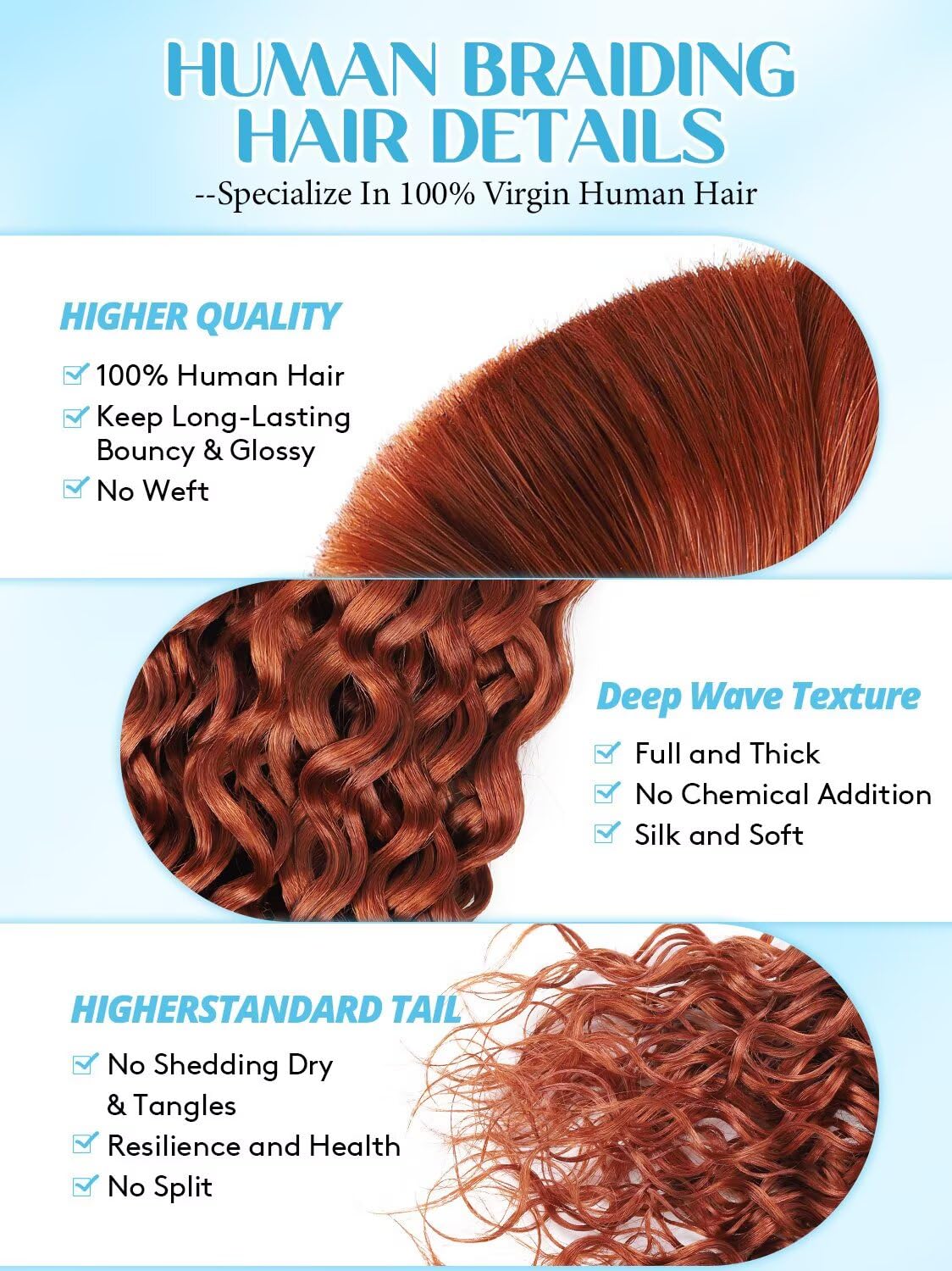 100% Unprocessed Human Hair for Braiding, #350 Ginger Copper Pre-Separated Curly Bulk Hair, 12A Grade Water Boho Braiding Hair Extensions, Real Human Hair for Protective Styles,20 Inch 100g 2 Bundles