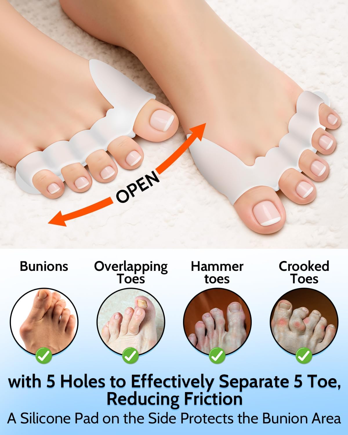 PGRODE 4PC Silicone Toe Separators Spacers for Women and Men Bunion Protector, Overlapping Toe Corrector Toe Alignment, Foot Pain Relief, Reduces Friction, Day and Night Use