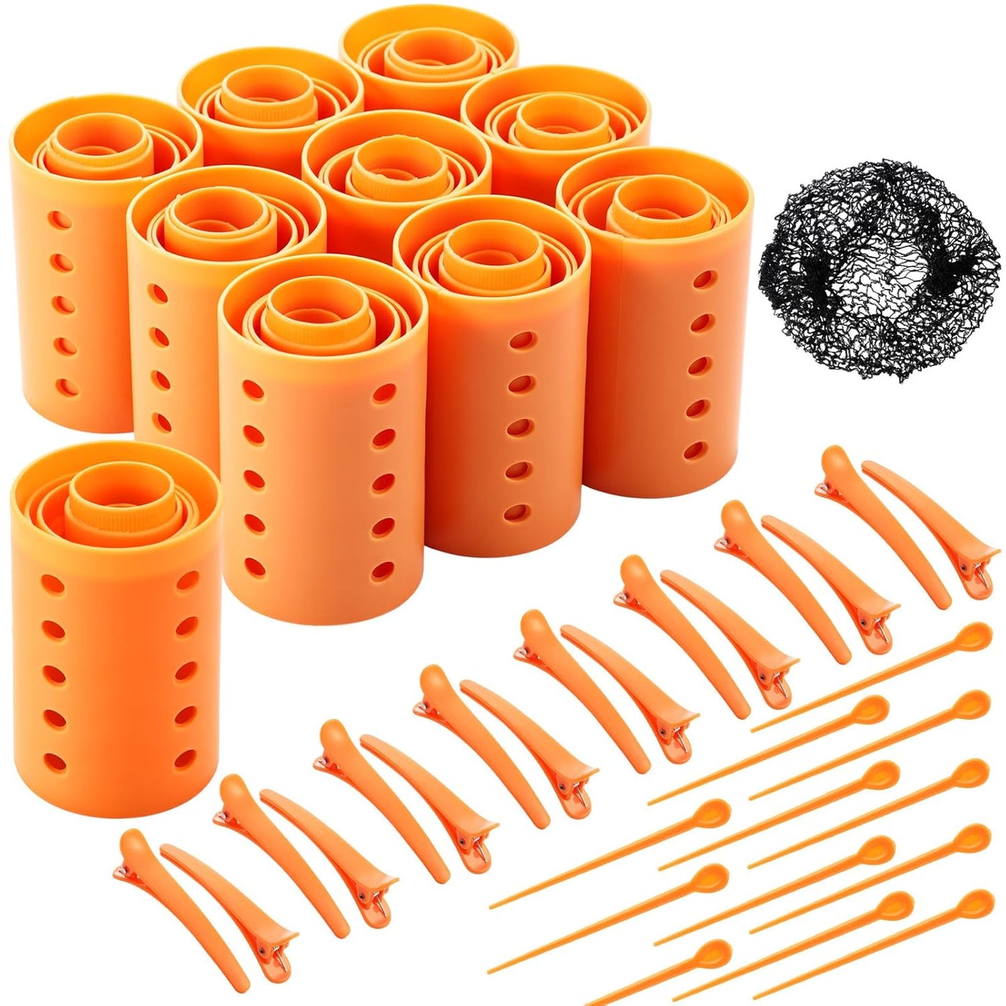 Hair Rollers Set - 141 Pcs Plastic Hair Rollers with Pins & Clips | Orange Color