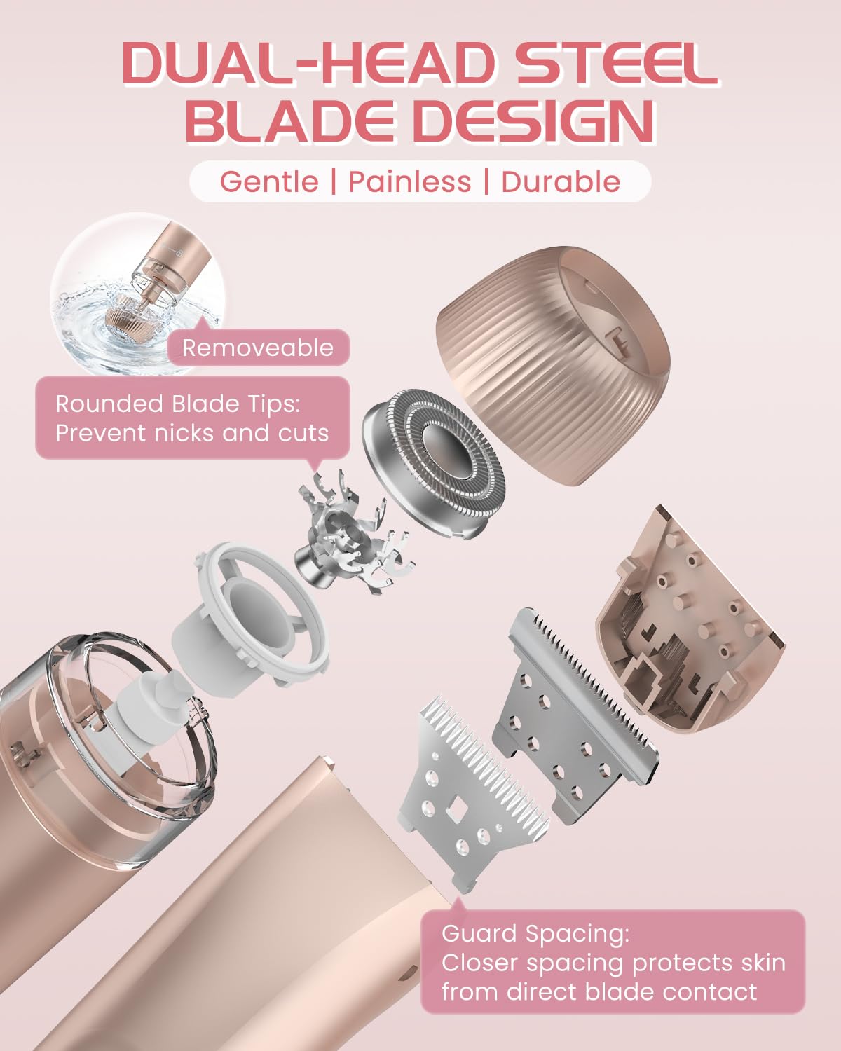 Bikini Trimmer for Women, Painless Dual Head Shaver for Sensitive Skin, IPX7 Waterproof for Safe Shower, USB-C, Detachable Head, Portable 2 in 1 Electric Razors for Pubic Hair, Rose Gold