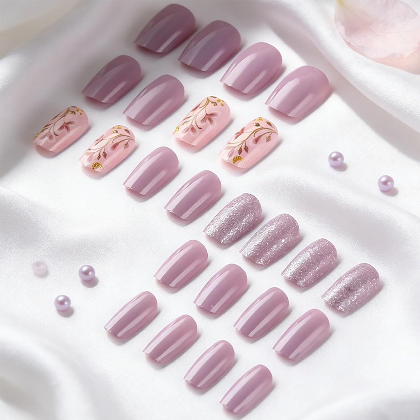 Acrylic Press-On Nails - Cute Purple Flower Bud Design | 24 Pcs Glossy Full Cover Artificial Nails for Women